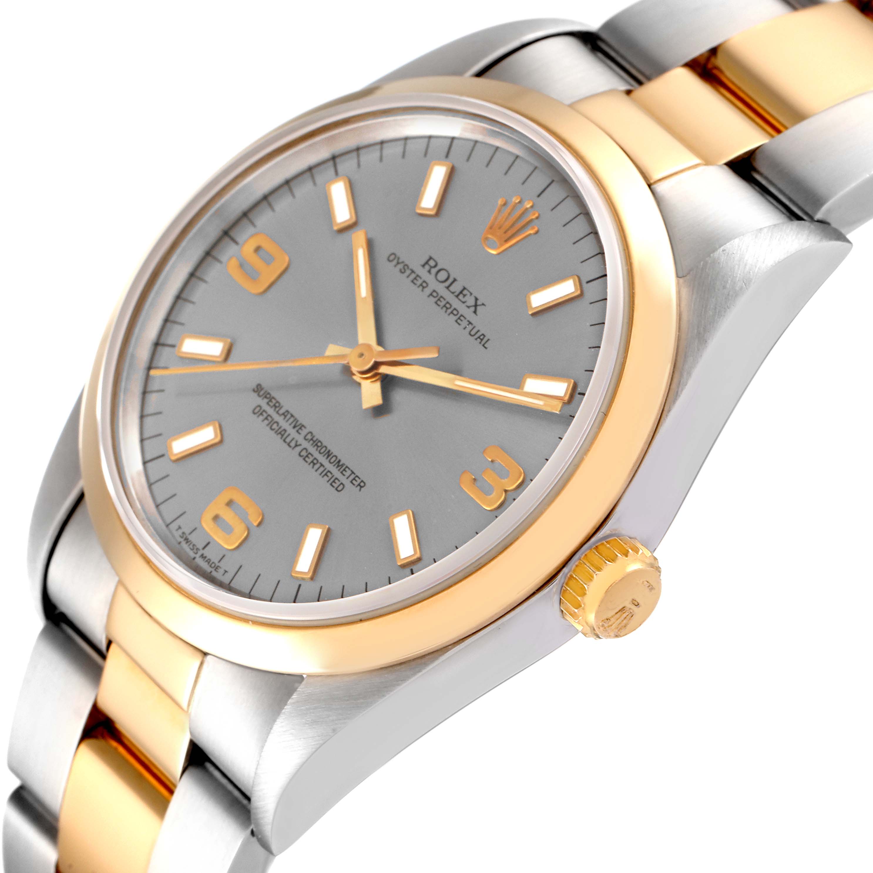 The image shows a close-up, angled view of the dial, bezel, and part of the bracelet of a Rolex Oyster Perpetual 14203 Men's Steel and Gold (two tone) Grey Dial 14203 Men's Steel and Gold (two tone) Grey Dial watch.