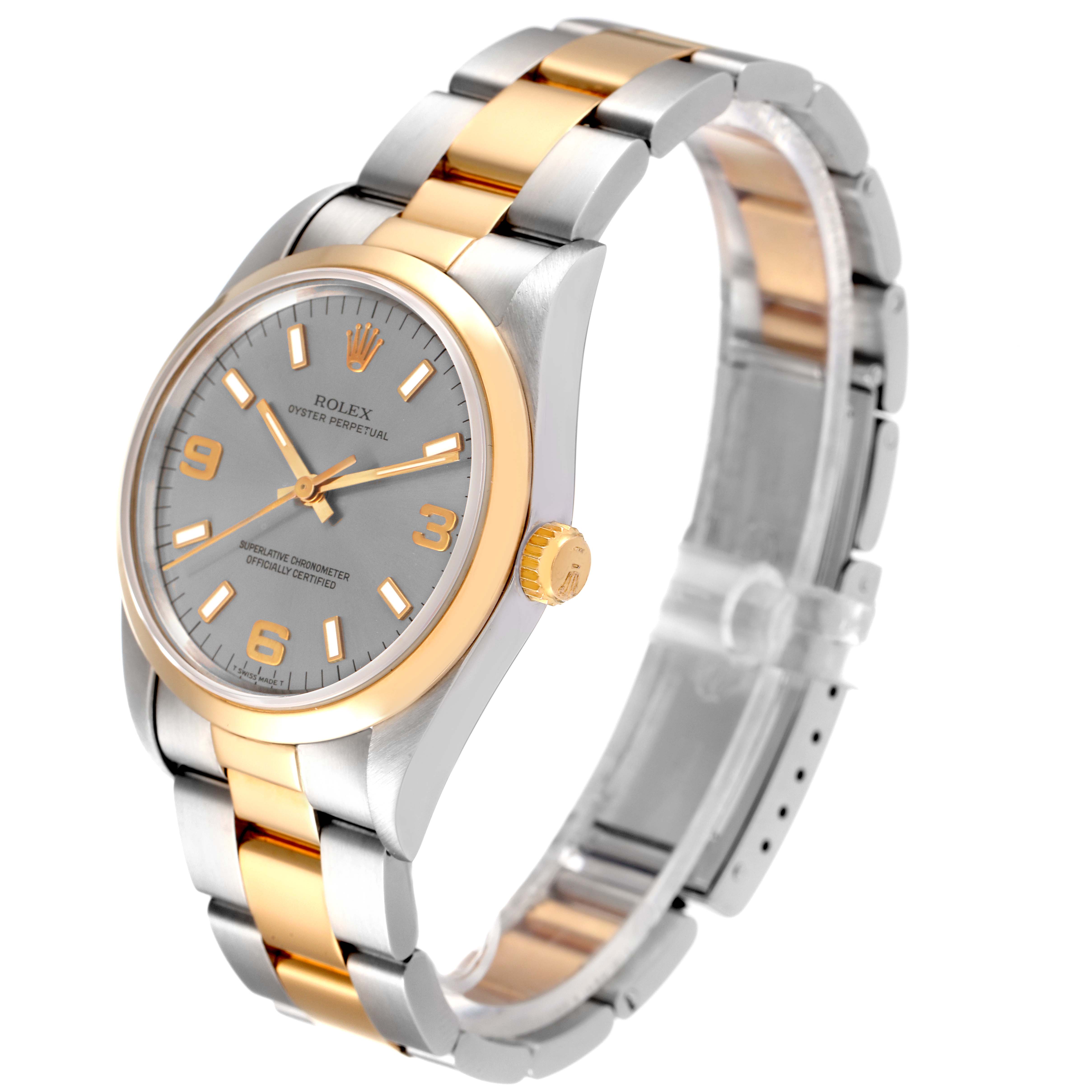 This image shows a side angle view of a Rolex Oyster Perpetual 14203 Men's Steel and Gold (two tone) Grey Dial 14203 Men's Steel and Gold (two tone) Grey Dial watch featuring a two-tone metal band and a grey dial.