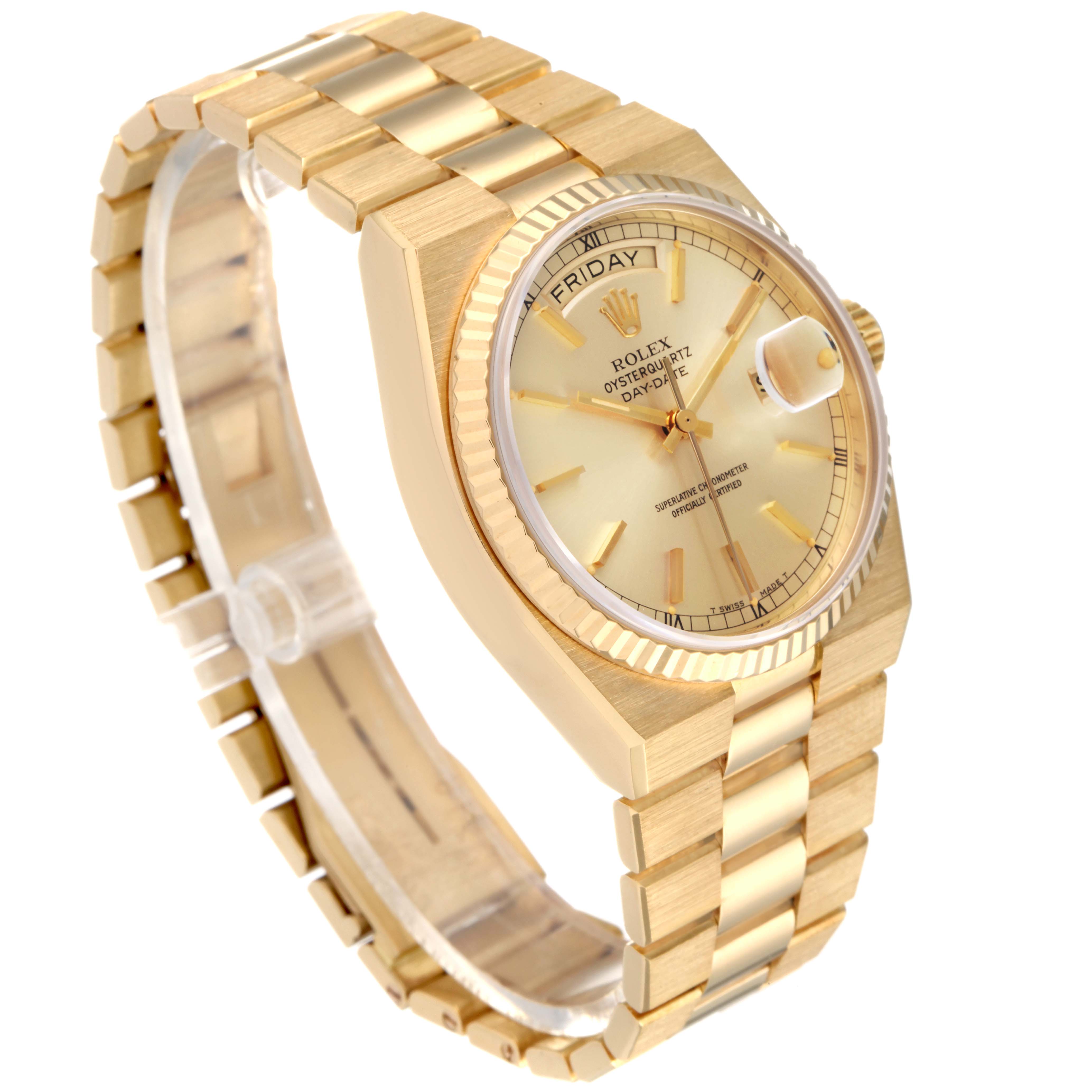 This image shows a Rolex Oysterquartz 19018 Men's Yellow Gold Champagne Dial 19018 Men's Yellow Gold Champagne Dial model watch from a three-quarter angle, highlighting its gold bracelet, dial, and bezel.