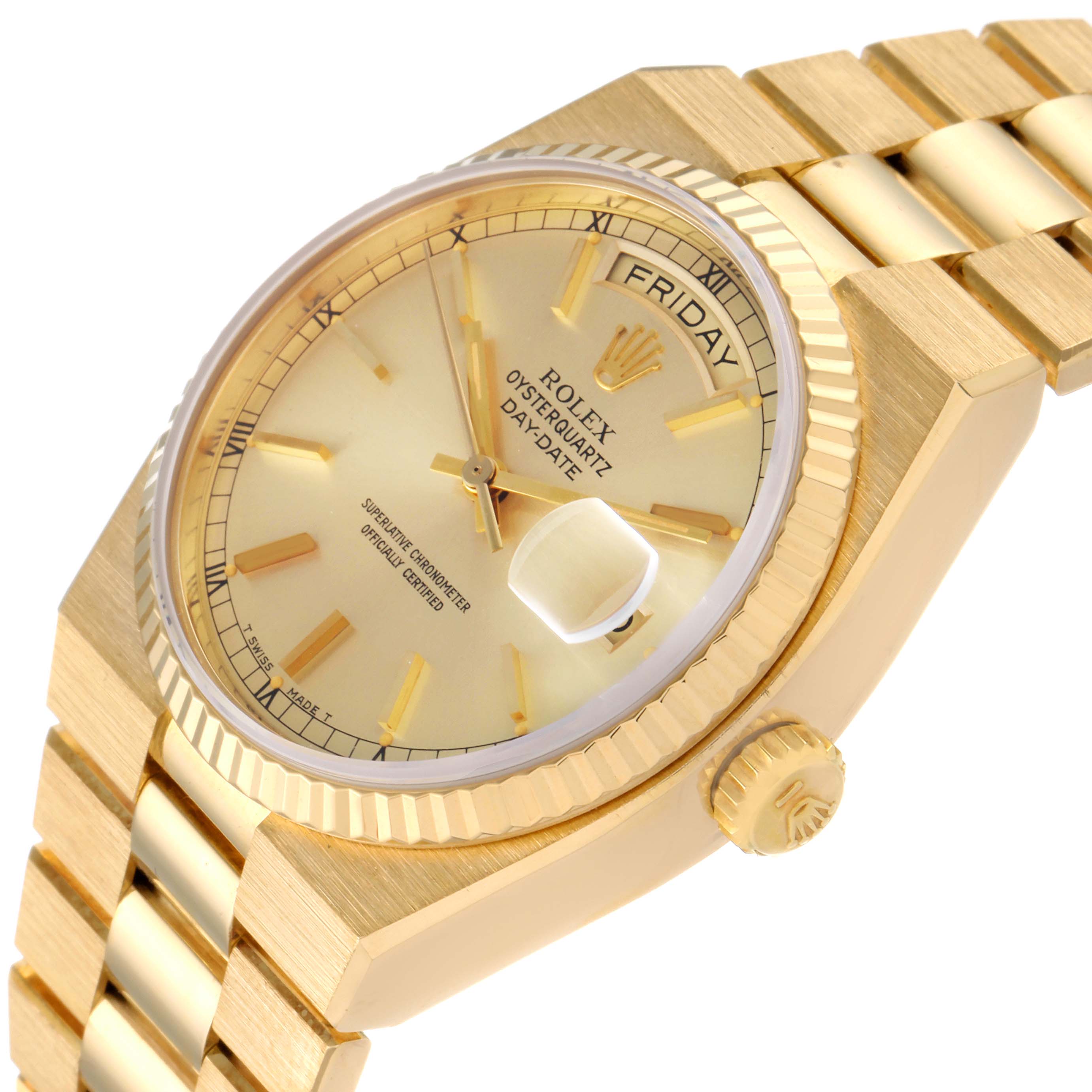 This image shows a gold Rolex Oysterquartz 19018 Men's Yellow Gold Champagne Dial 19018 Men's Yellow Gold Champagne Dial watch at a slight angle, highlighting its dial, bracelet, and crown.