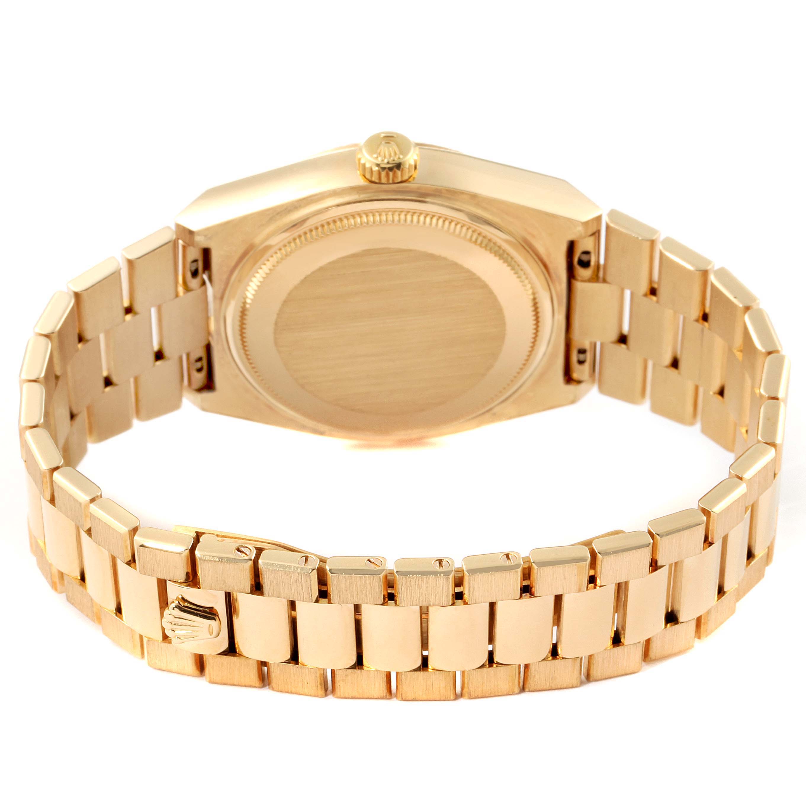 This image shows the back case and bracelet of a Rolex Oysterquartz 19018 Men's Yellow Gold Champagne Dial 19018 Men's Yellow Gold Champagne Dial watch with a gold finish from a rear angle.