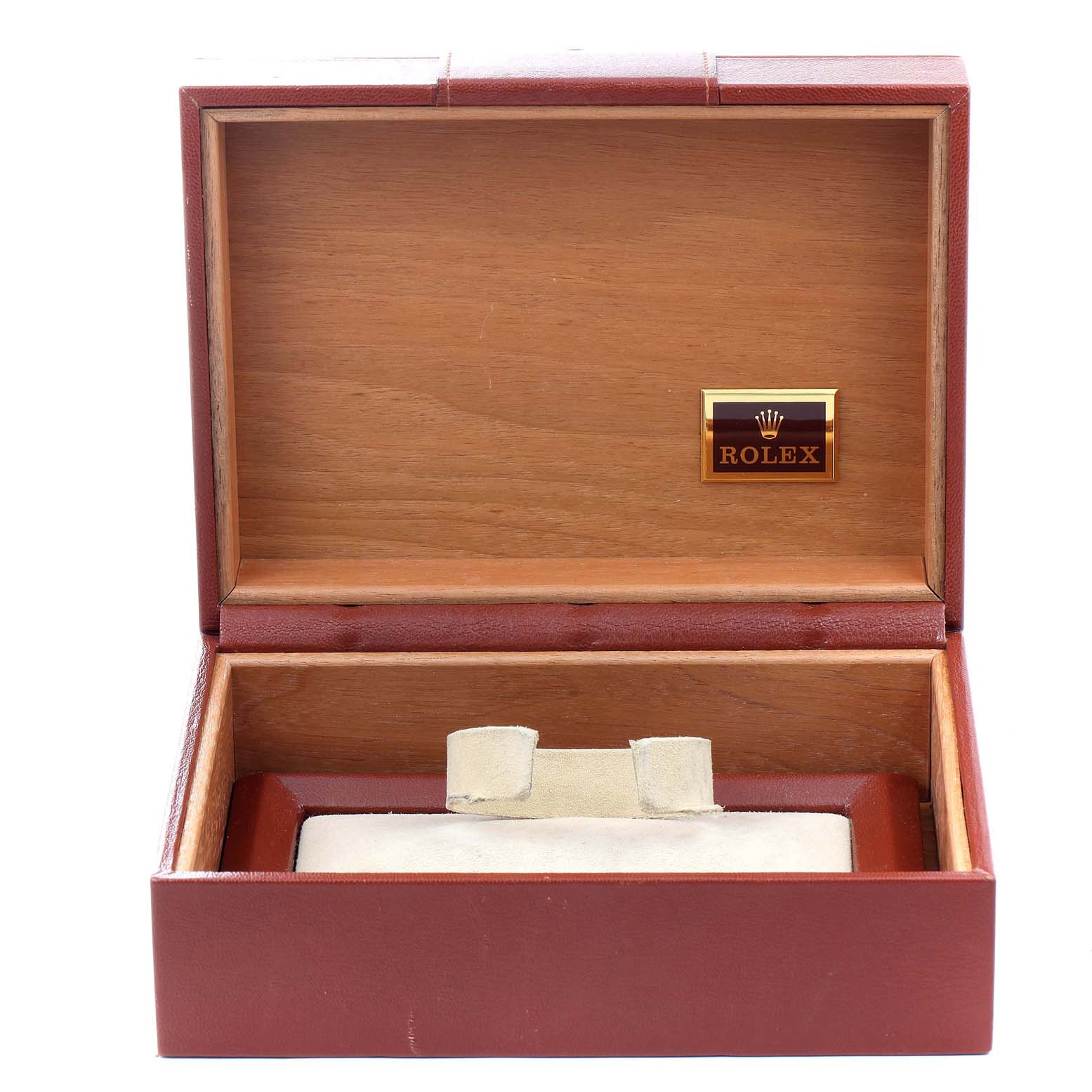 The image shows an open Rolex Oysterquartz 19018 Men's Yellow Gold Champagne Dial 19018 Men's Yellow Gold Champagne Dial watch box with the Rolex brand logo inside.