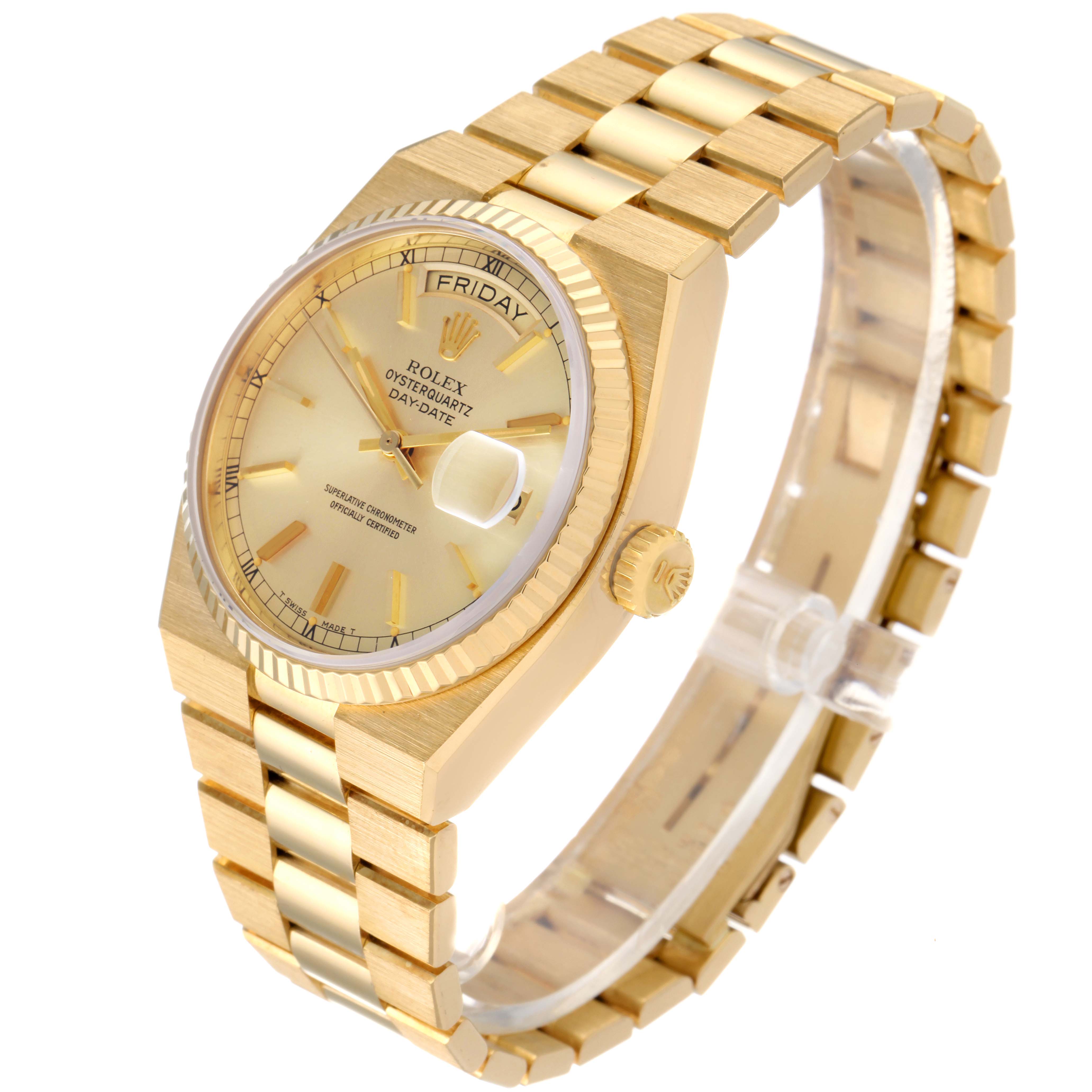 The image shows a Rolex Oysterquartz 19018 Men's Yellow Gold Champagne Dial 19018 Men's Yellow Gold Champagne Dial watch from an angled side view, highlighting the dial, bezel, crown, and bracelet.