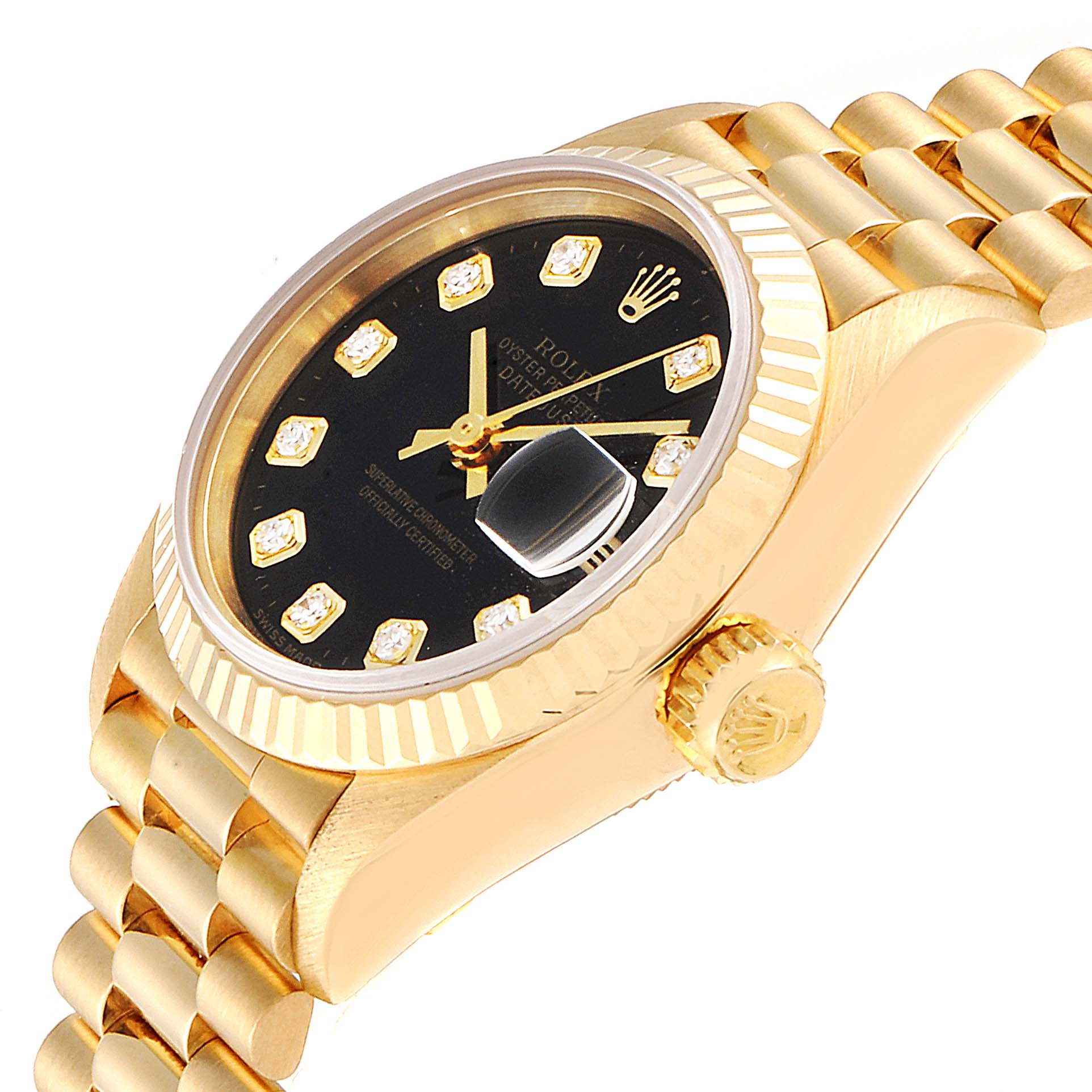 The image shows a Rolex President 69178 Women's Yellow Gold Black Dial 69178 Women's Yellow Gold Black Dial model watch at an angled side view, highlighting its gold case, fluted bezel, crown, and bracelet.