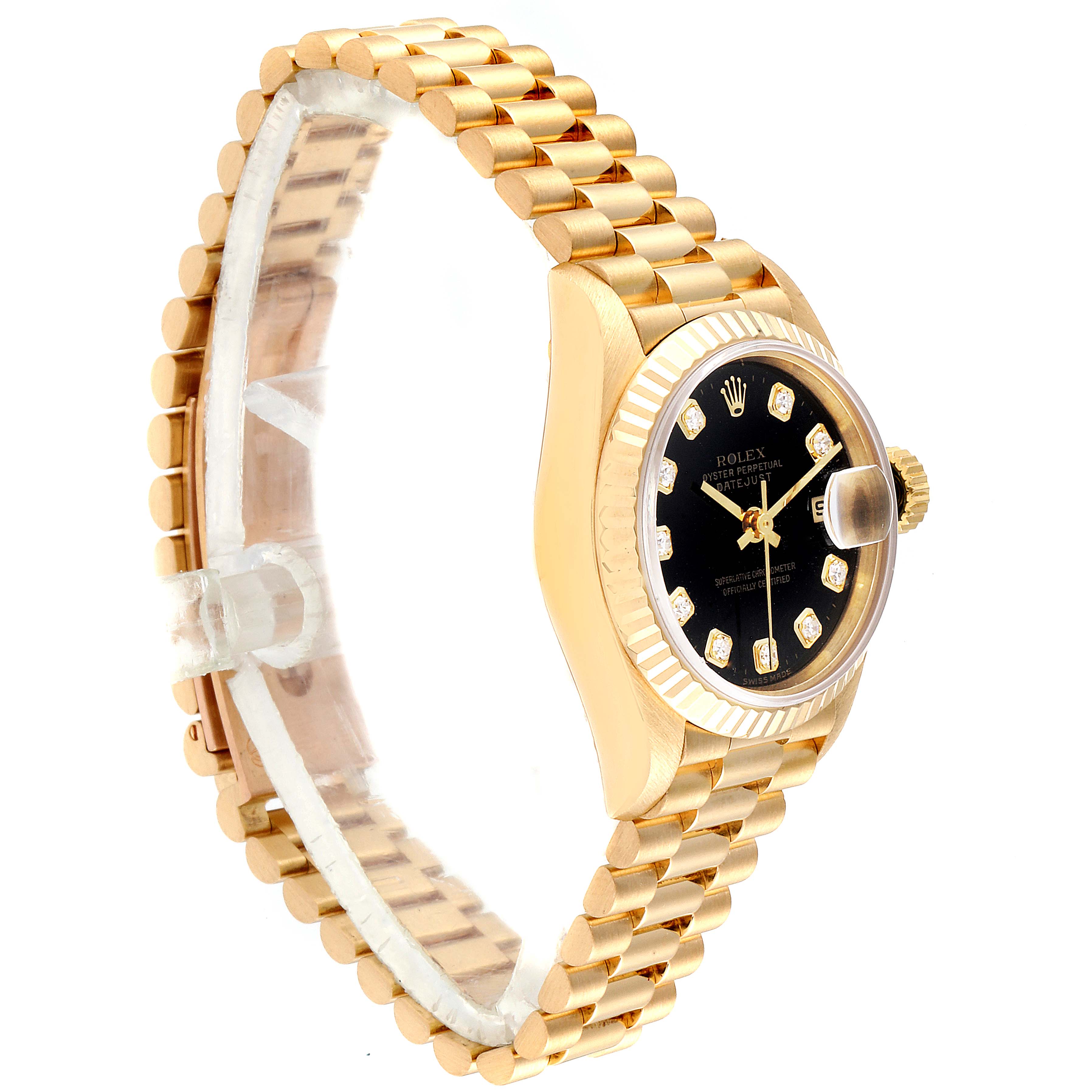 This image shows a Rolex President 69178 Women's Yellow Gold Black Dial 69178 Women's Yellow Gold Black Dial model watch at a 45-degree angle, highlighting the bracelet, case, bezel, and crown.