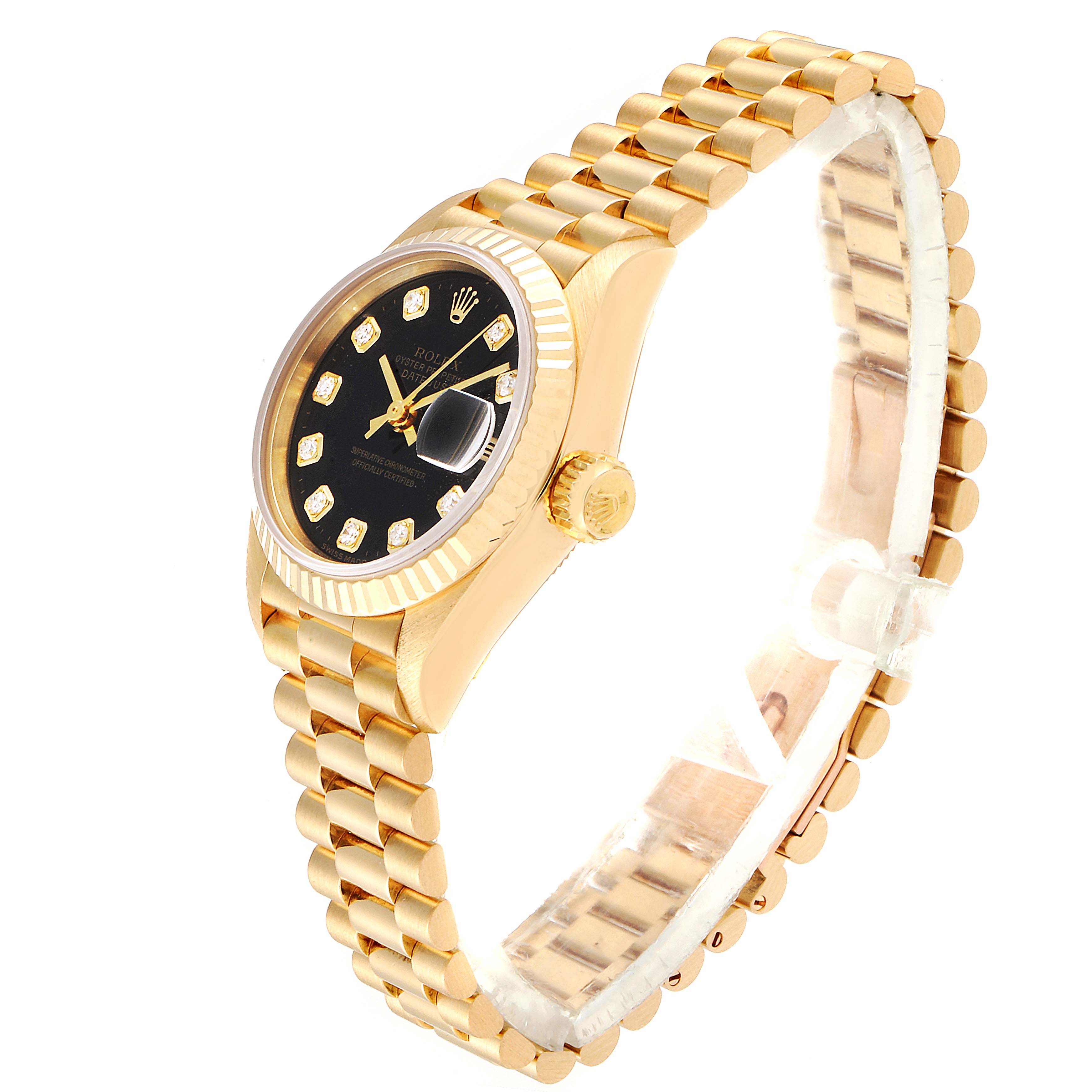 This image shows the side and front angle of a Rolex President 69178 Women's Yellow Gold Black Dial 69178 Women's Yellow Gold Black Dial model watch with a gold bracelet and black dial with diamond hour markers.