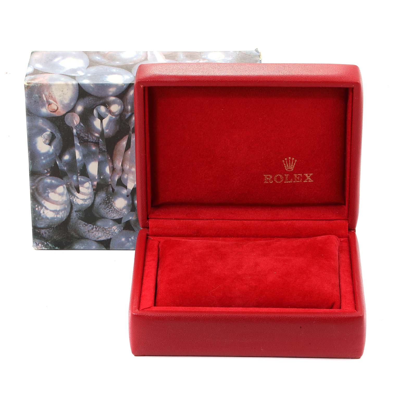 A Rolex President 69178 Women's Yellow Gold Black Dial 69178 Women's Yellow Gold Black Dial model watch box in red, viewed from the front with the lid open, alongside its outer packaging.