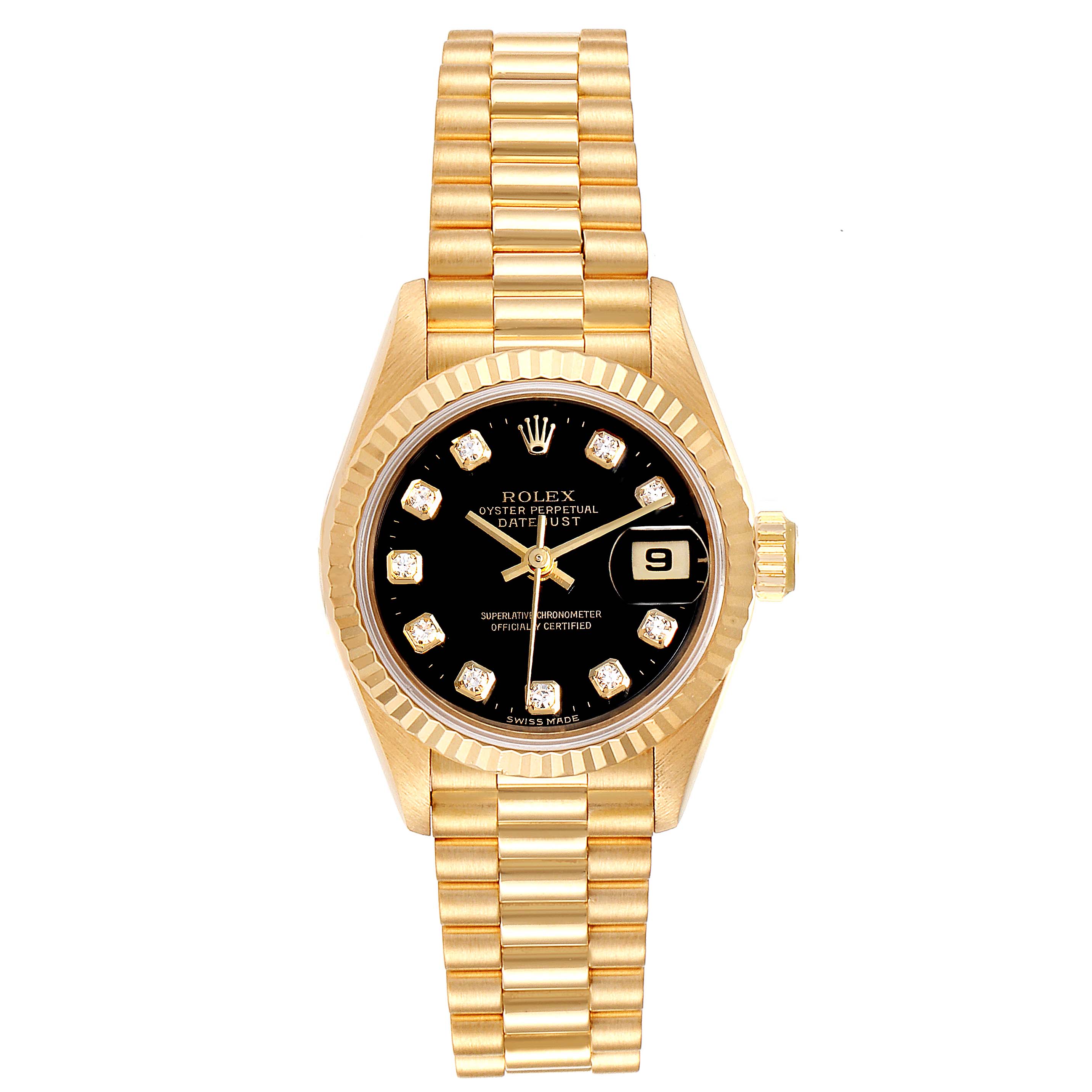 This image shows a frontal view of the Rolex President 69178 Women's Yellow Gold Black Dial 69178 Women's Yellow Gold Black Dial model watch, displaying its black dial, date window, gold case, and bracelet.