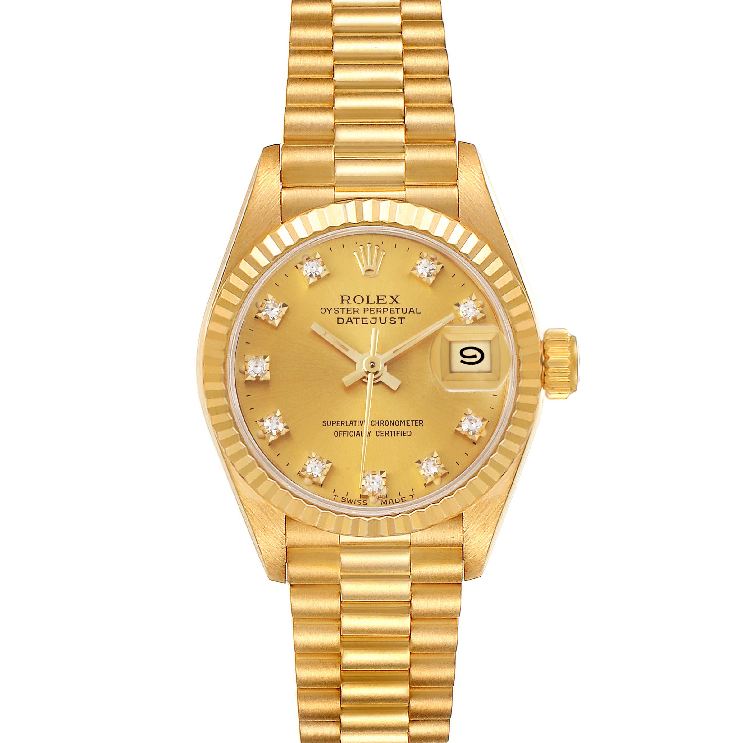 The photo shows a frontal view of the Rolex President 69178 Women
s Yellow Gold Champagne Dial 69178 Women
s Yellow Gold Champagne Dial Datejust, featuring its gold bracelet, bezel, dial, and date window.
