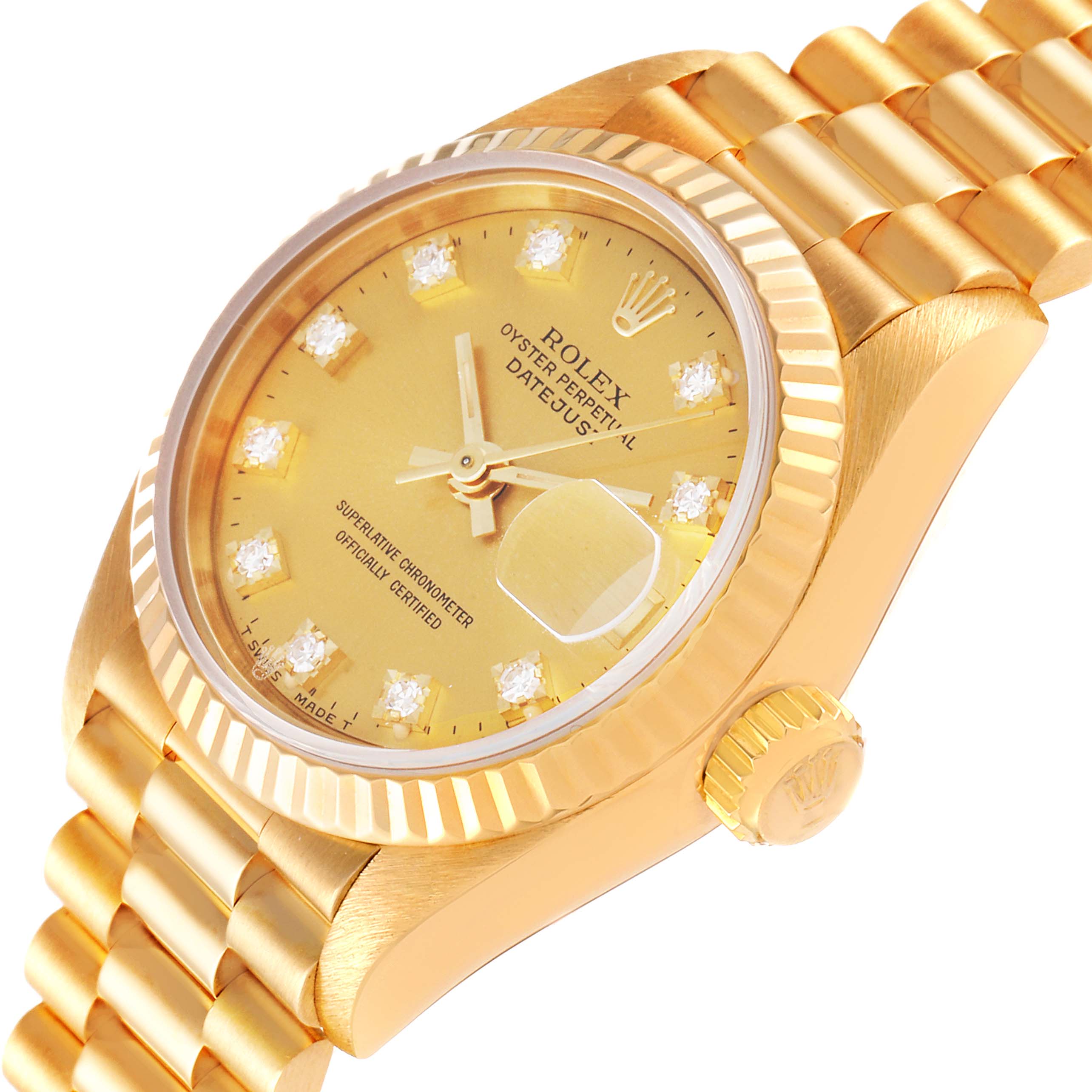 The Rolex President 69178 Women
s Yellow Gold Champagne Dial 69178 Women
s Yellow Gold Champagne Dial model watch is shown at a slight angle, highlighting its gold dial, fluted bezel, and the iconic bracelet.