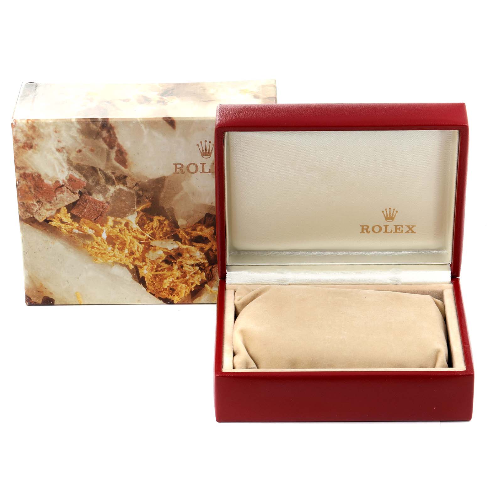 The image shows a Rolex President 69178 Women
s Yellow Gold Champagne Dial 69178 Women
s Yellow Gold Champagne Dial watch box and outer case from a front angle.