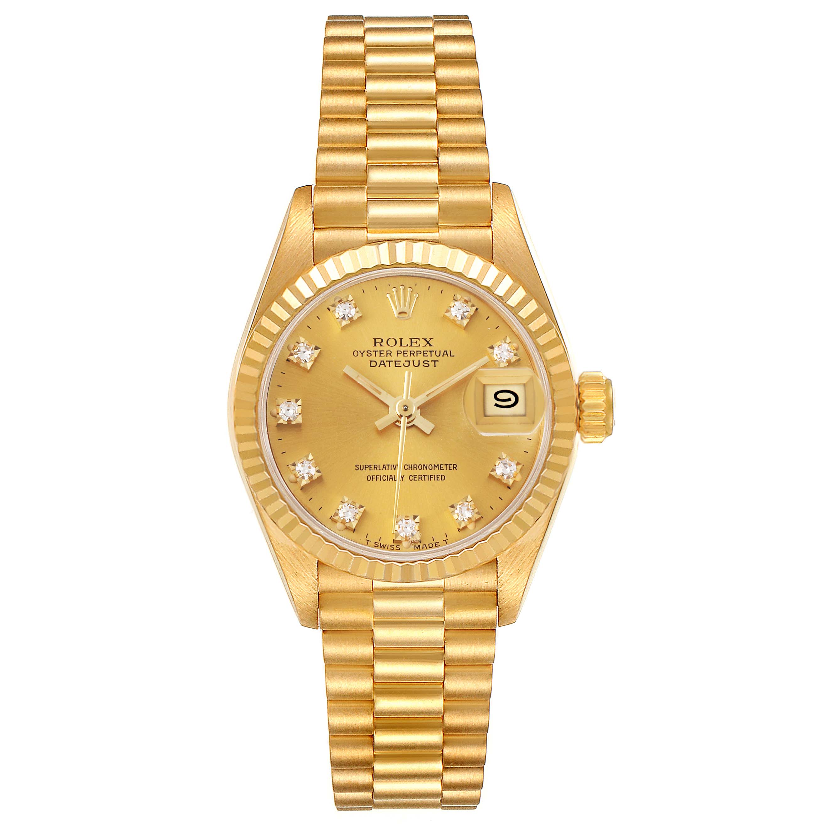 This image shows a Rolex President 69178 Women
s Yellow Gold Champagne Dial 69178 Women
s Yellow Gold Champagne Dial model watch from a front angle, highlighting its gold case, dial, bezel, and bracelet.
