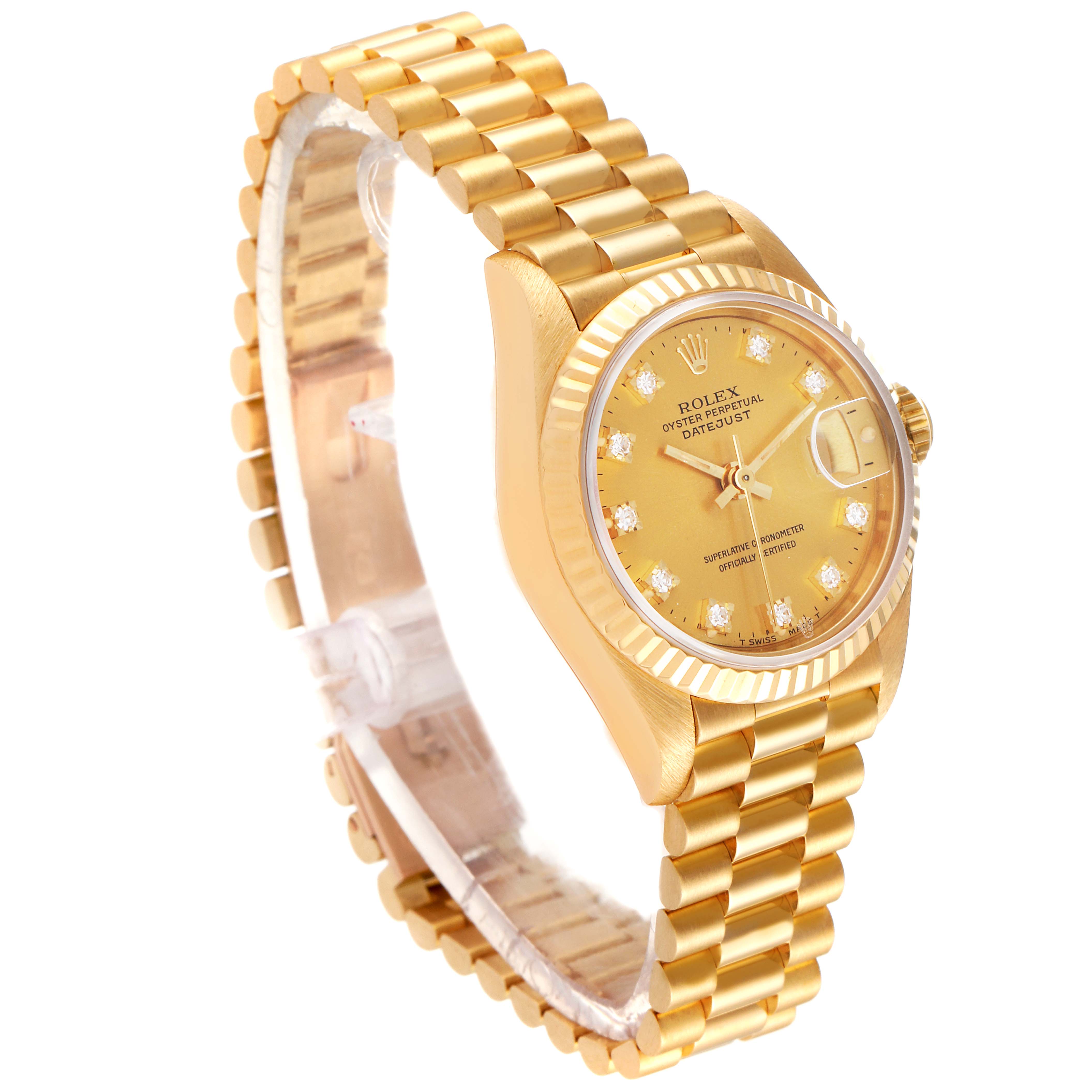 The image shows a Rolex President 69178 Women
s Yellow Gold Champagne Dial 69178 Women
s Yellow Gold Champagne Dial model watch at an oblique angle, highlighting its gold bracelet and diamond-studded dial.
