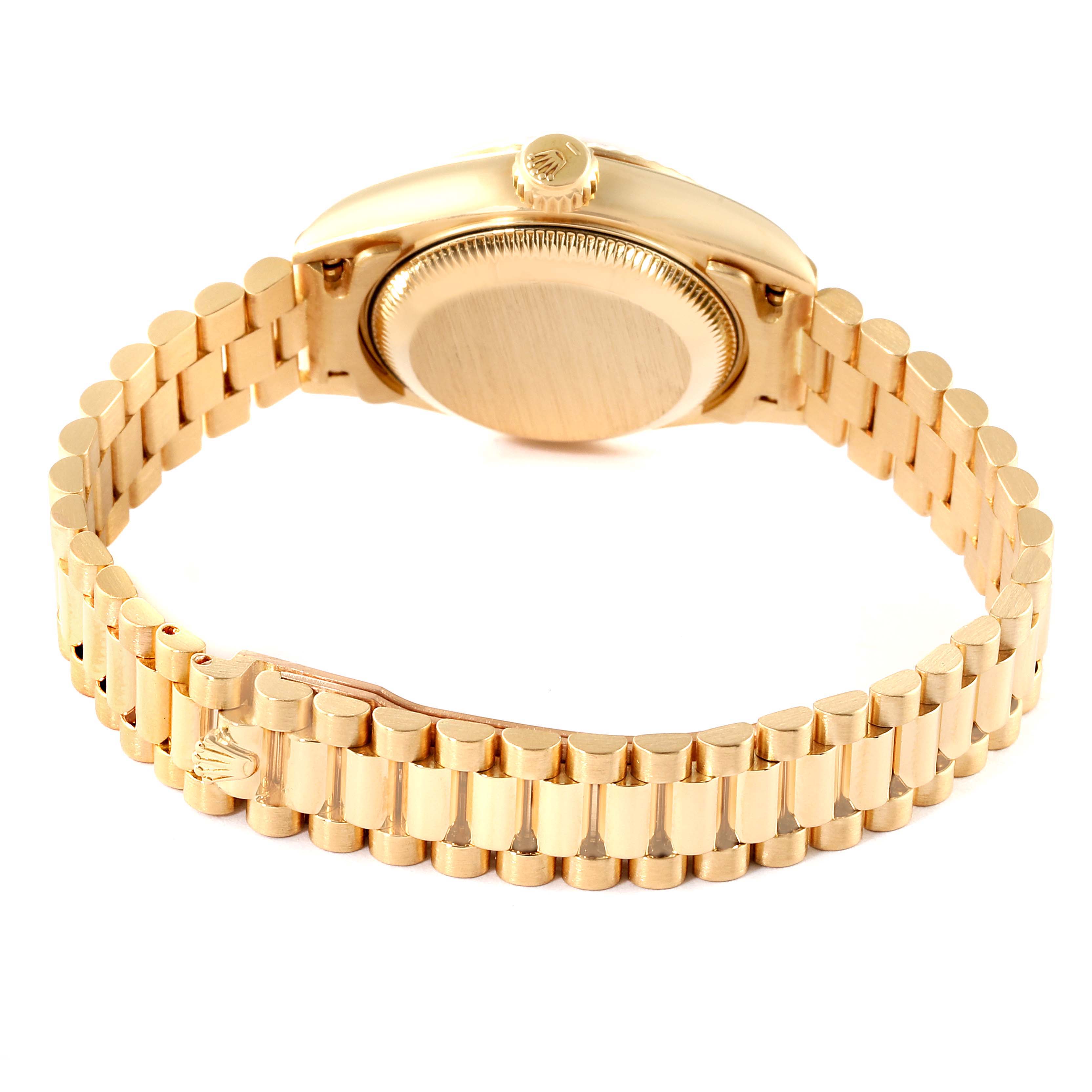 The image shows the back view of a Rolex President 69178 Women's Yellow Gold Champagne Dial 69178 Women's Yellow Gold Champagne Dial model watch, highlighting its gold bracelet, clasp, and case.