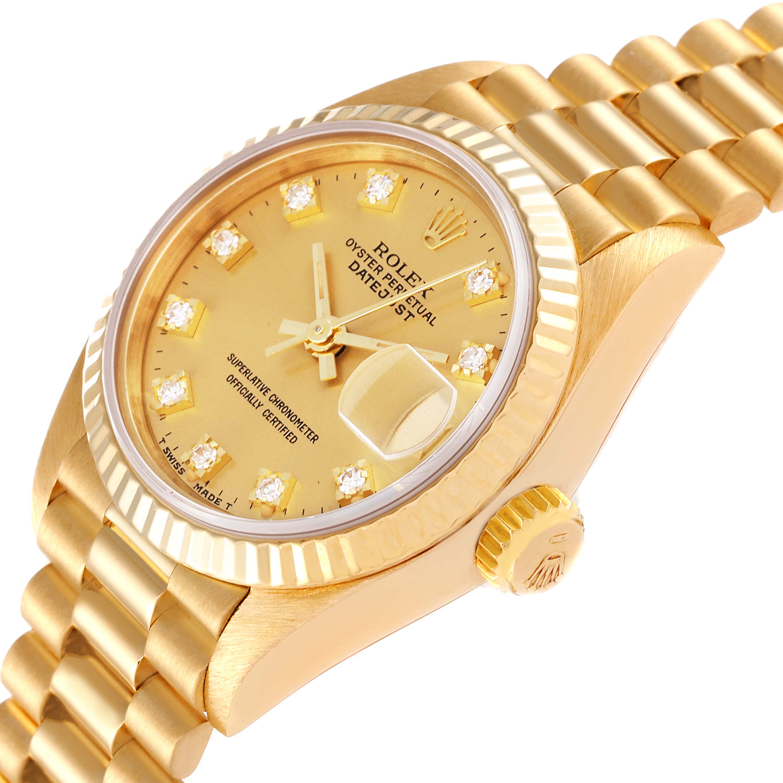 This image shows a close-up side angle of the Rolex President 69178 Women's Yellow Gold Champagne Dial 69178 Women's Yellow Gold Champagne Dial model watch, highlighting the dial, crown, and part of the bracelet.