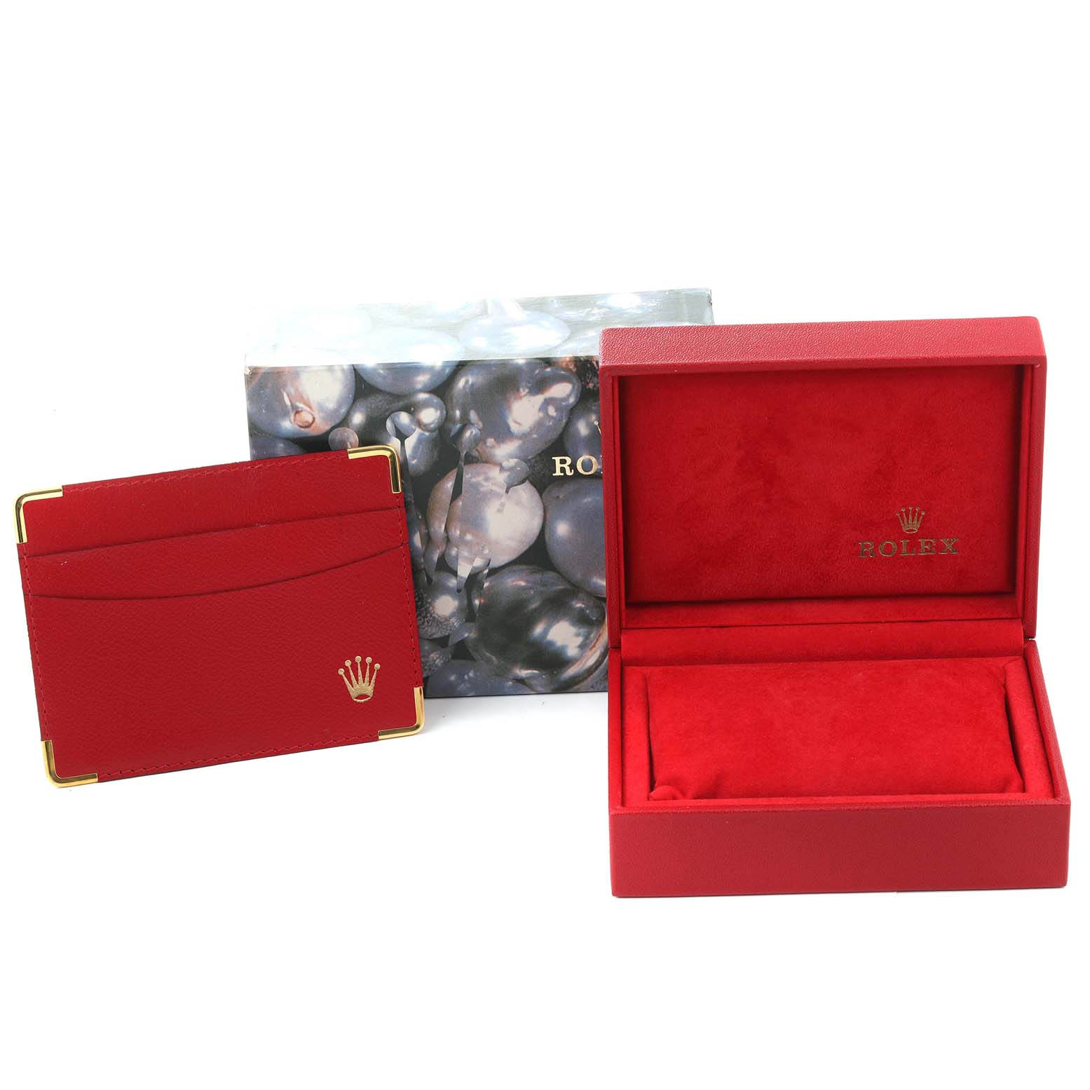 This image shows a Rolex President 69178 Women's Yellow Gold Champagne Dial 69178 Women's Yellow Gold Champagne Dial model watch's red box, red cardholder, and an outer packaging box with "Rolex" branding.
