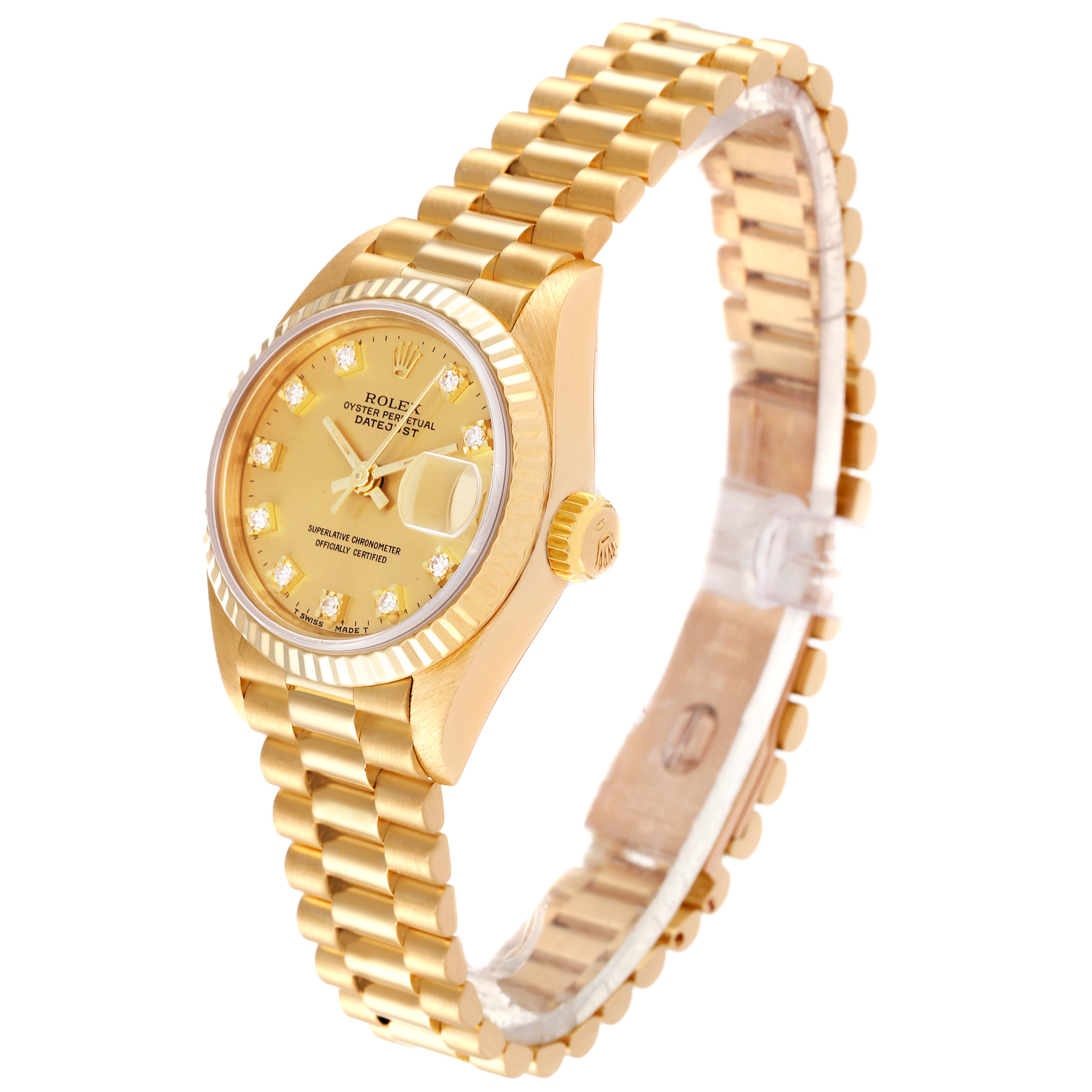 This image shows the angled front and side view of the Rolex President 69178 Women's Yellow Gold Champagne Dial 69178 Women's Yellow Gold Champagne Dial watch model, displaying the dial, crown, and bracelet.