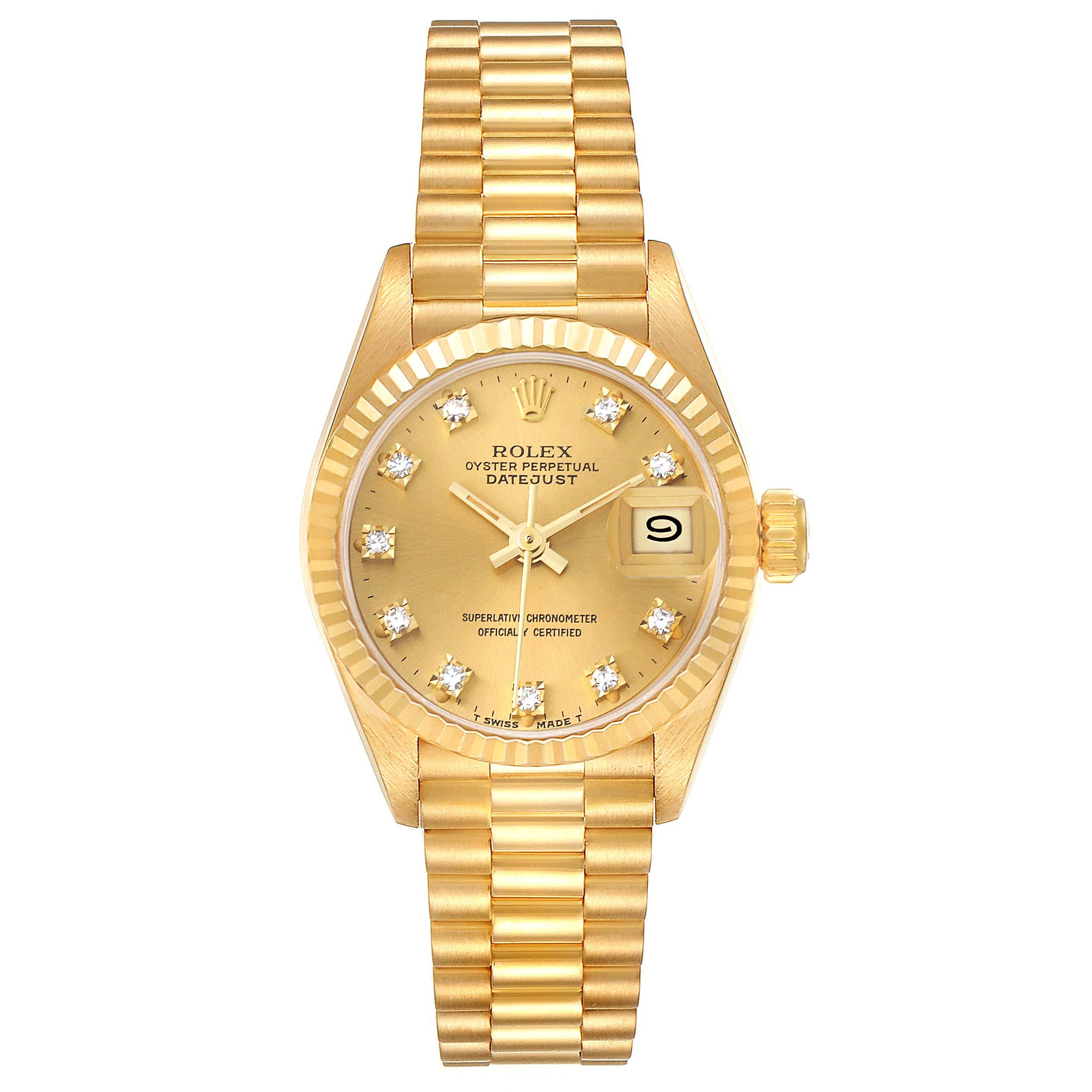 The image shows a front view of a Rolex President 69178 Women's Yellow Gold Champagne Dial 69178 Women's Yellow Gold Champagne Dial model watch, featuring its dial, bezel, crown, and bracelet.