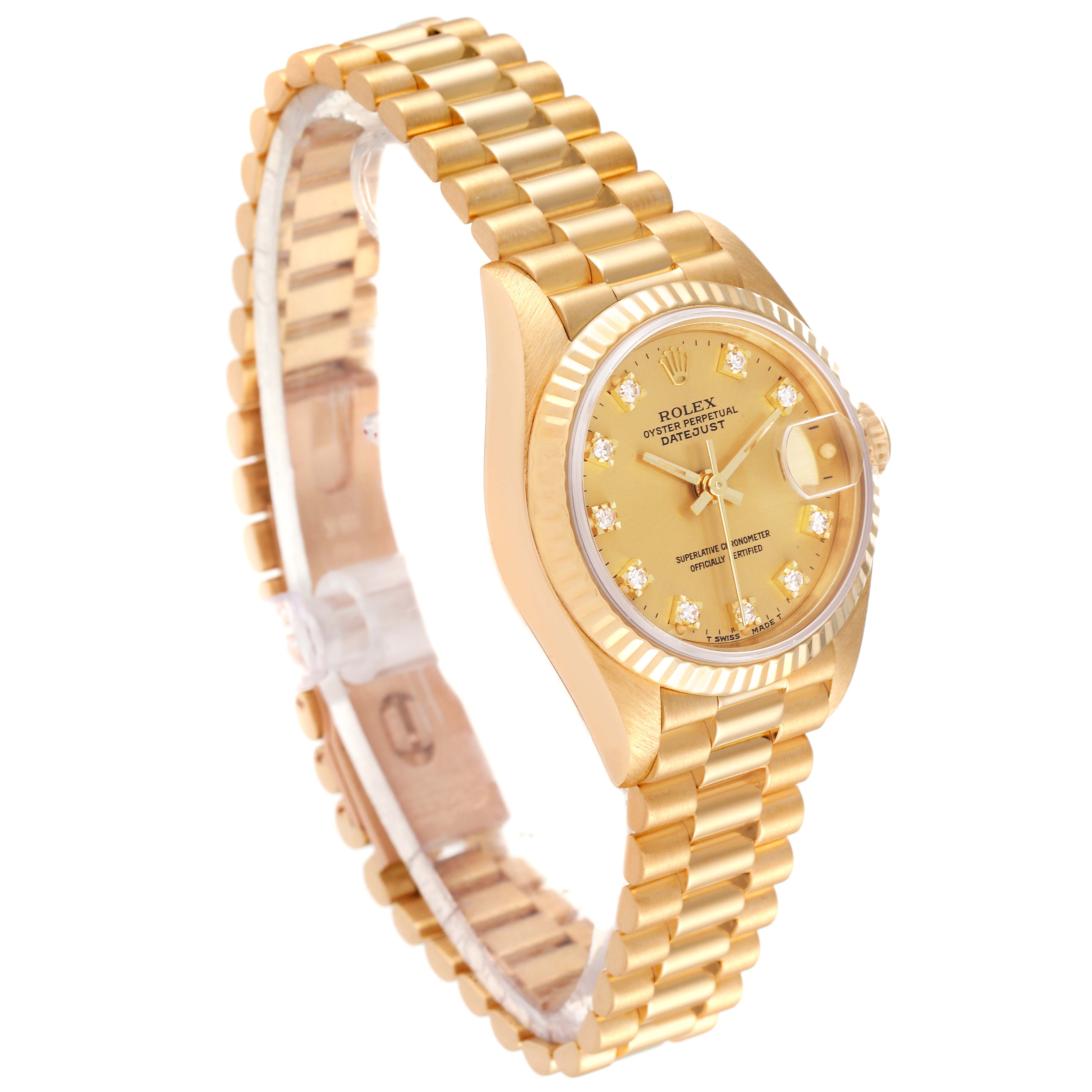 The image shows a side angle of a gold Rolex President 69178 Women's Yellow Gold Champagne Dial 69178 Women's Yellow Gold Champagne Dial watch, highlighting the bracelet, case, and face.