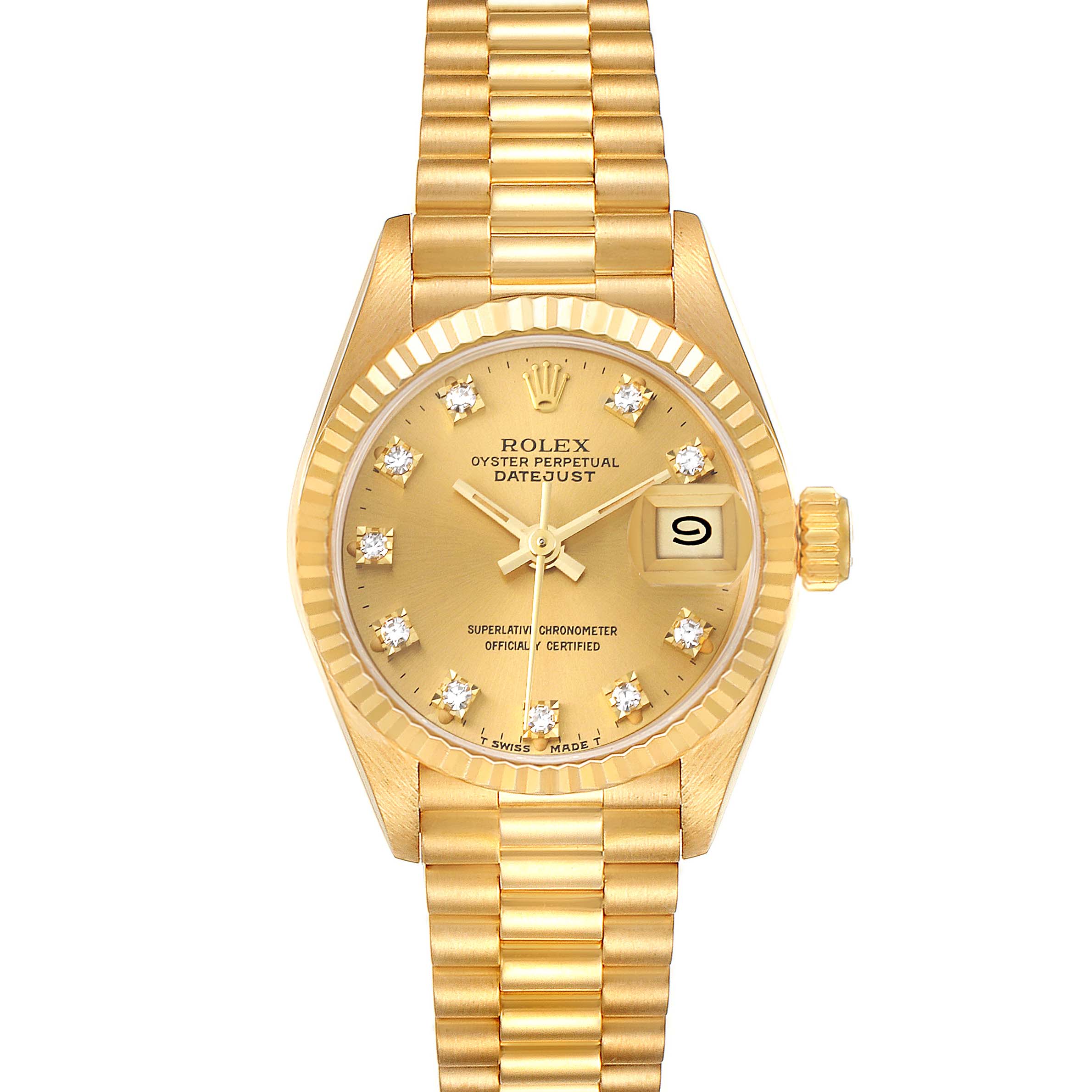 The image shows a front view of a Rolex President 69178 Women's Yellow Gold Champagne Dial 69178 Women's Yellow Gold Champagne Dial model, highlighting the dial, bezel, crown, and bracelet.
