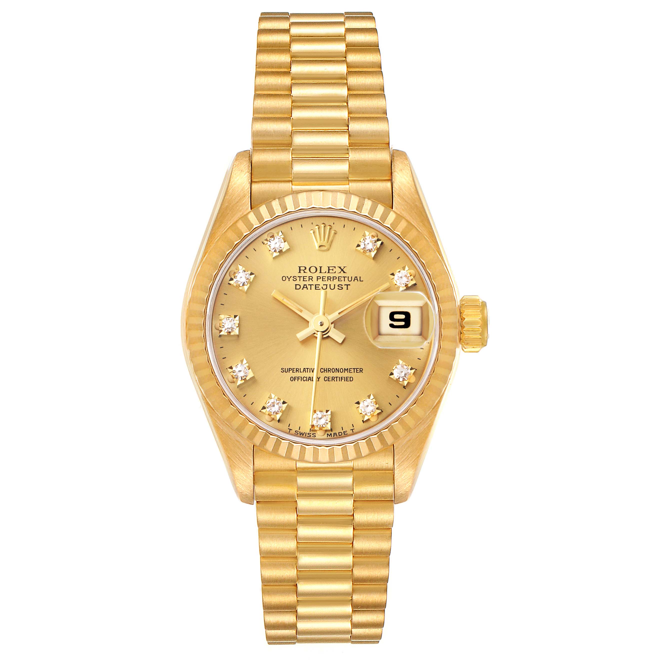The Rolex President 69178 Women
s Yellow Gold Champagne Dial 69178 Women
s Yellow Gold Champagne Dial model watch is shown from a front angle, highlighting the dial, bracelet, and date window.