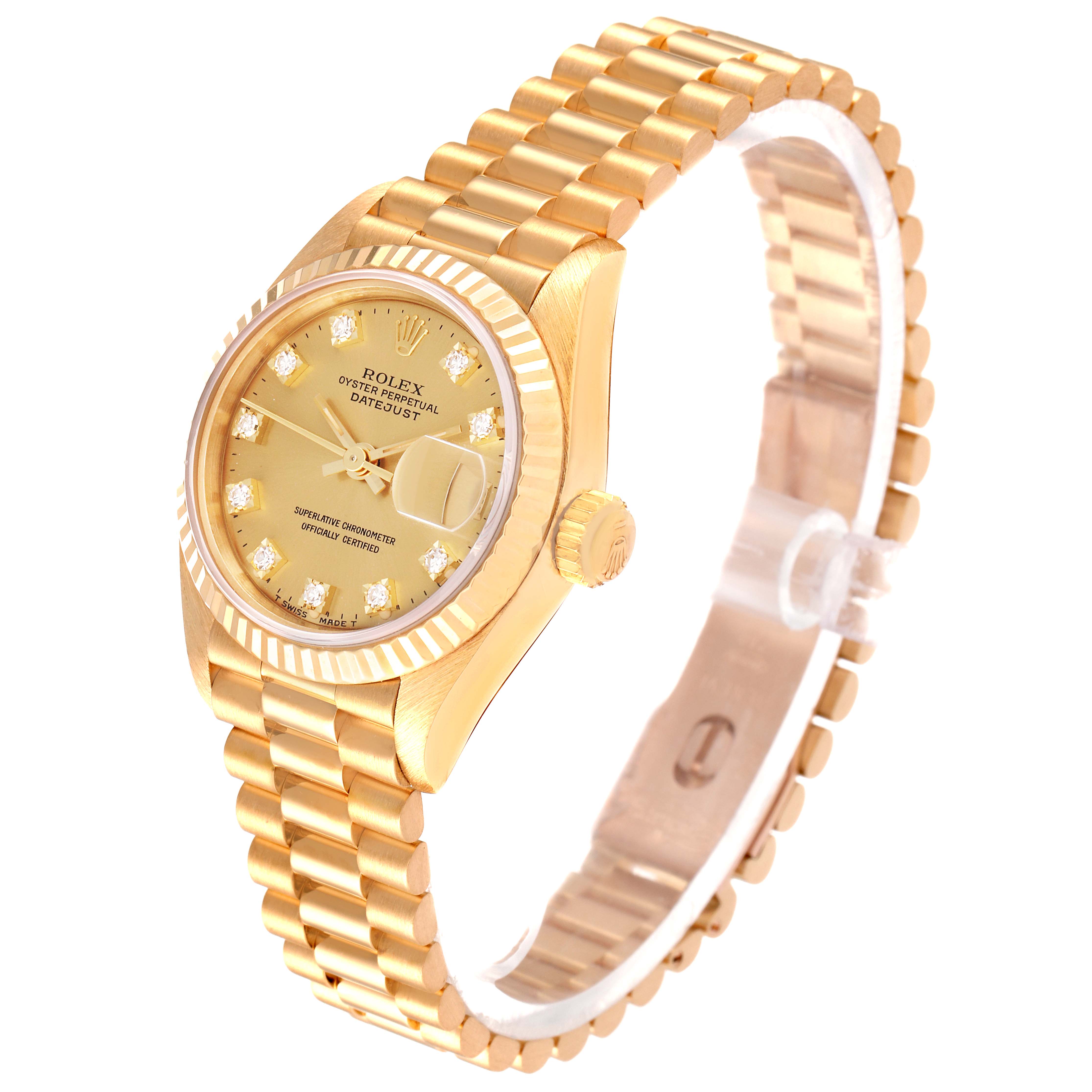 The Rolex President 69178 Women
s Yellow Gold Champagne Dial 69178 Women
s Yellow Gold Champagne Dial model watch is shown at a slight angle, displaying the face, bezel, bracelet, and crown.