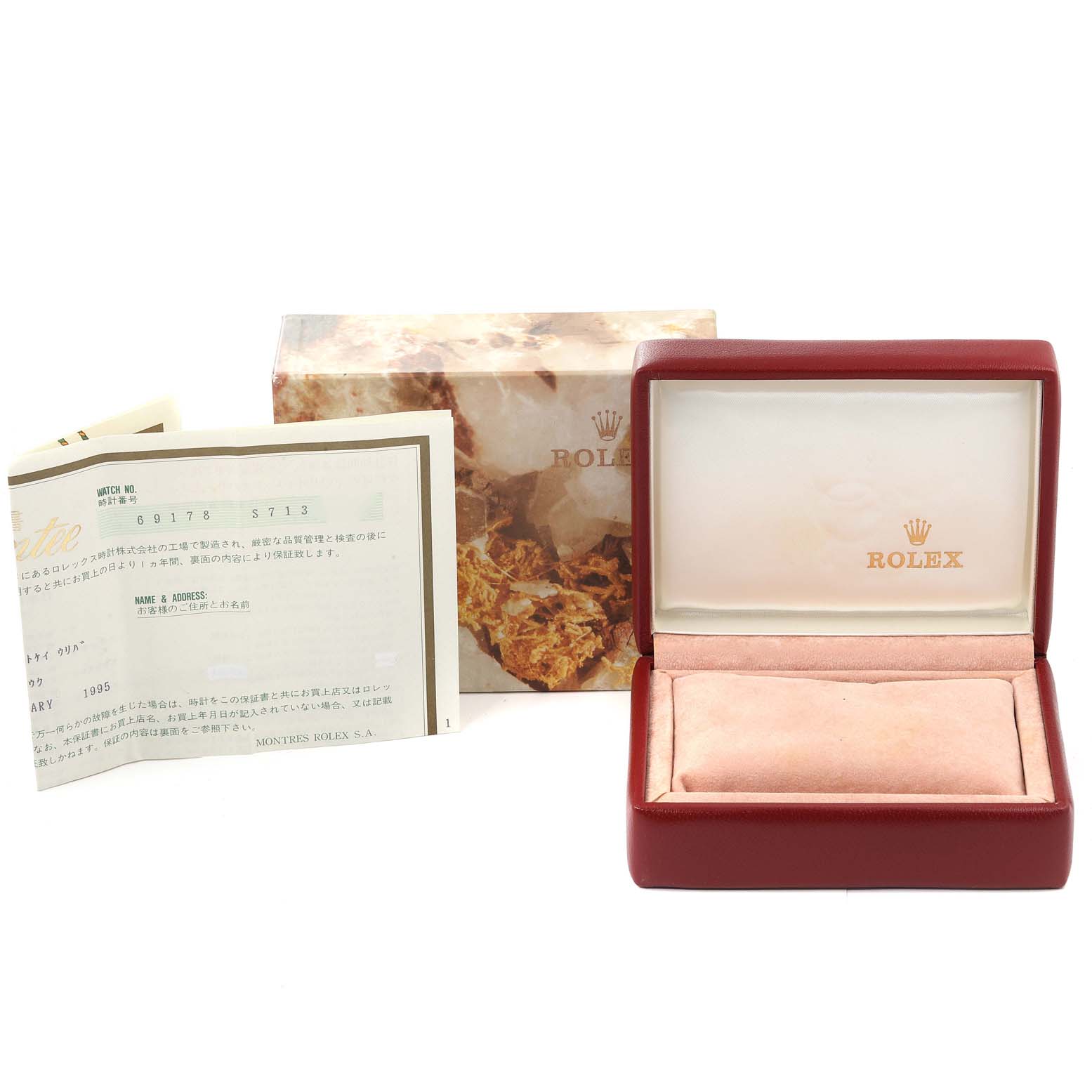The image shows the packaging, documents, and an empty case for a Rolex President 69178 Women
s Yellow Gold Champagne Dial 69178 Women
s Yellow Gold Champagne Dial model watch, with the case open to display the interior.