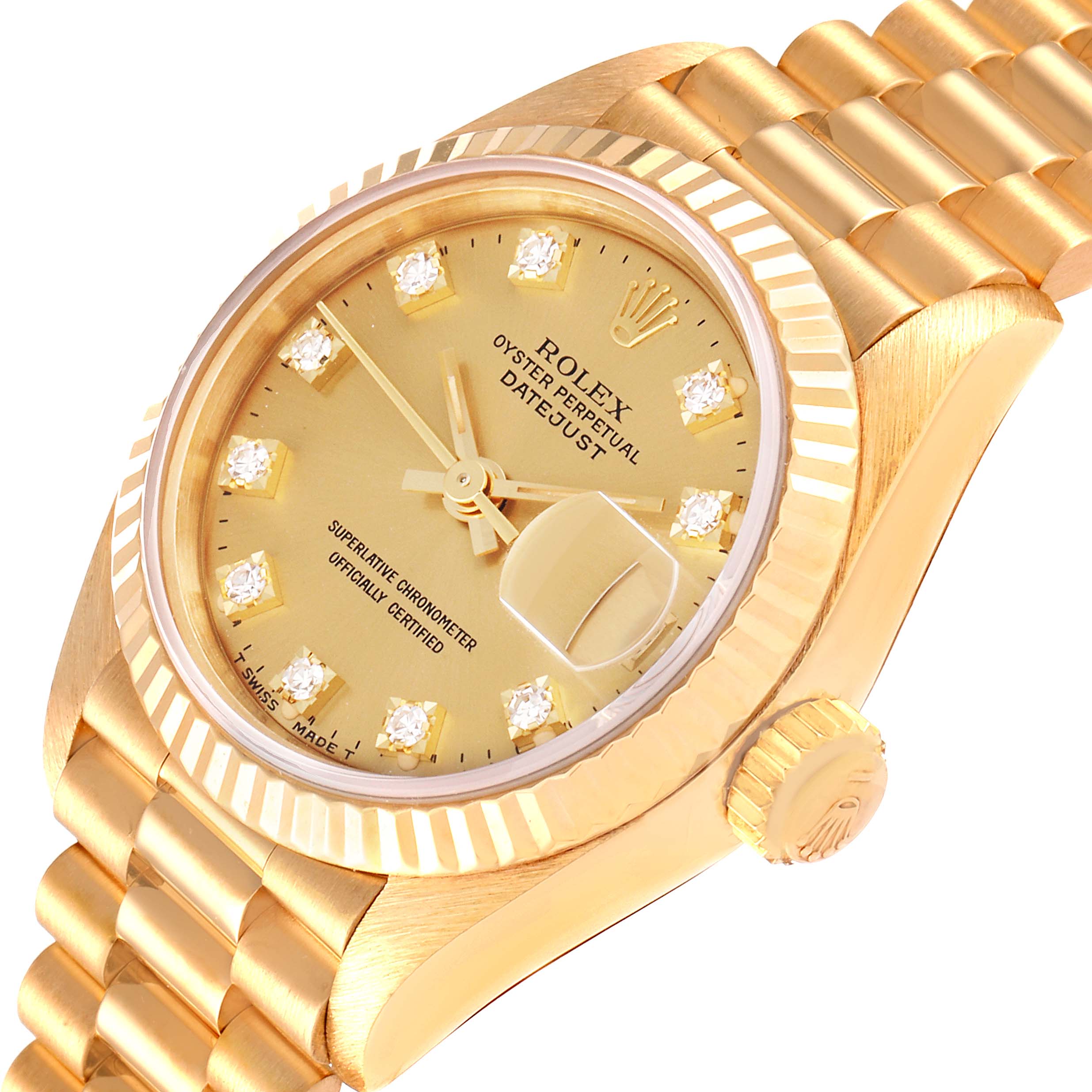This image shows a close-up of the Rolex President 69178 Women
s Yellow Gold Champagne Dial 69178 Women
s Yellow Gold Champagne Dial model watch featuring the dial, bezel, and part of the bracelet.