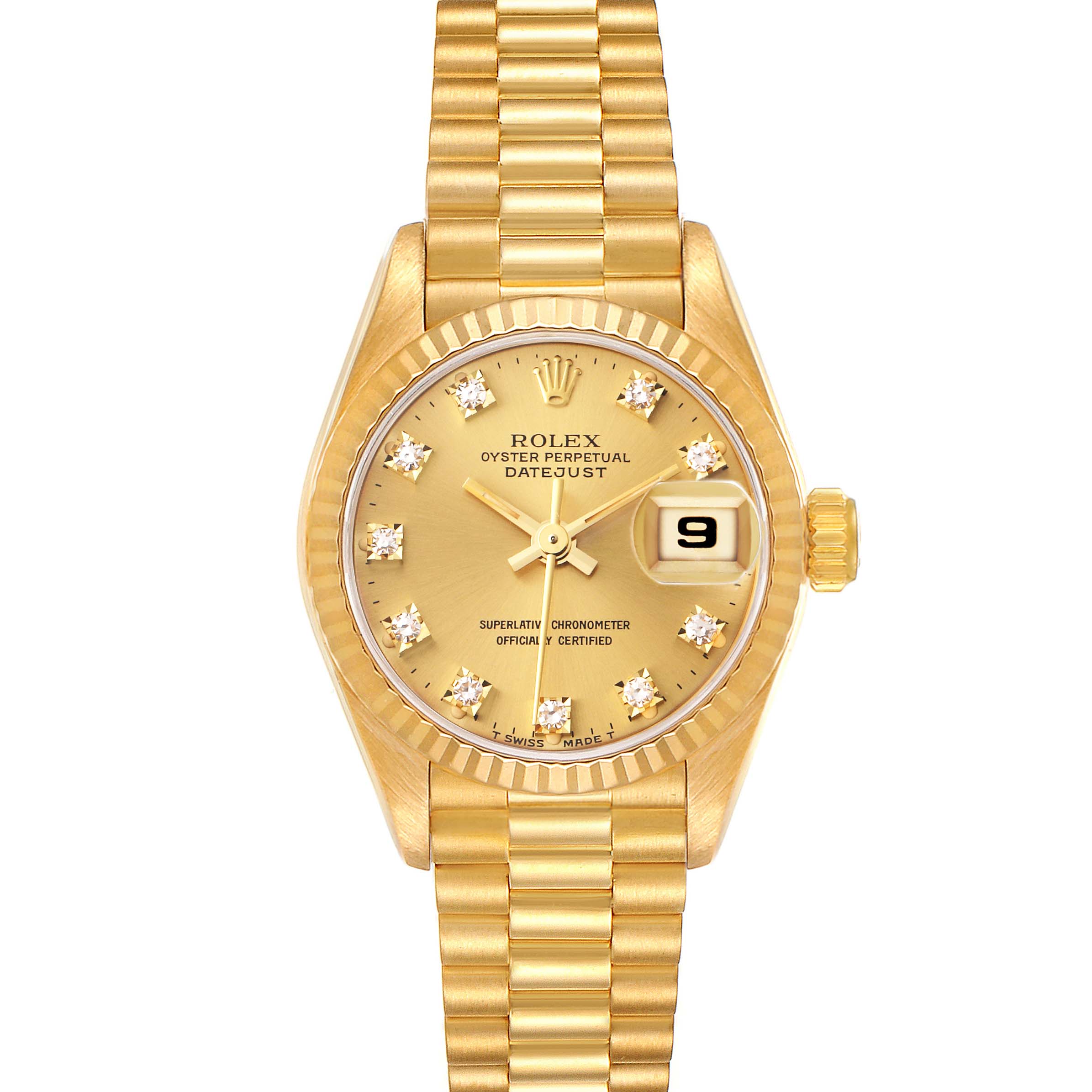 The image shows a Rolex President 69178 Women
s Yellow Gold Champagne Dial 69178 Women
s Yellow Gold Champagne Dial model watch, highlighting the face, bezel, crown, and part of the bracelet.