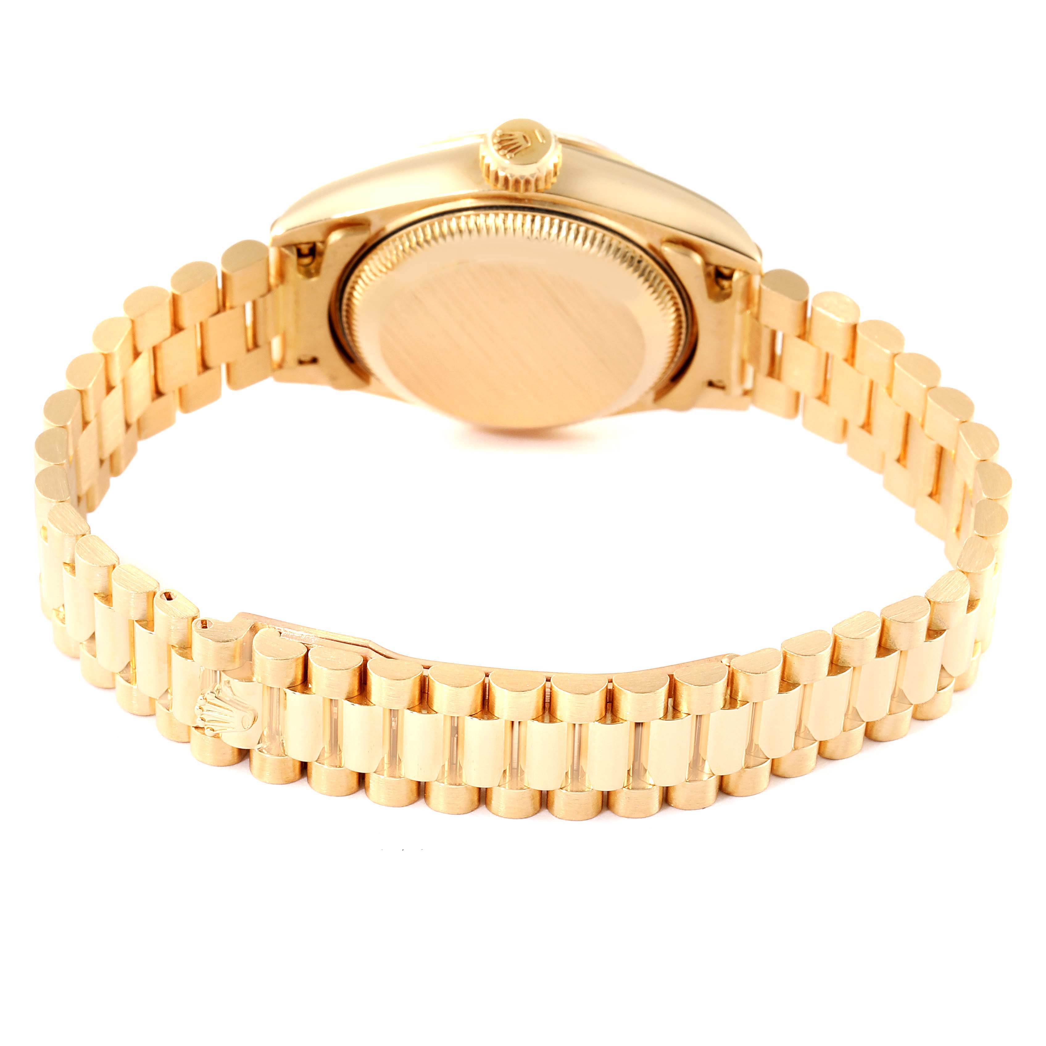 This image shows the back and bracelet of a Rolex President 69178 Women
s Yellow Gold Champagne Dial 69178 Women
s Yellow Gold Champagne Dial model watch from a rear angle.