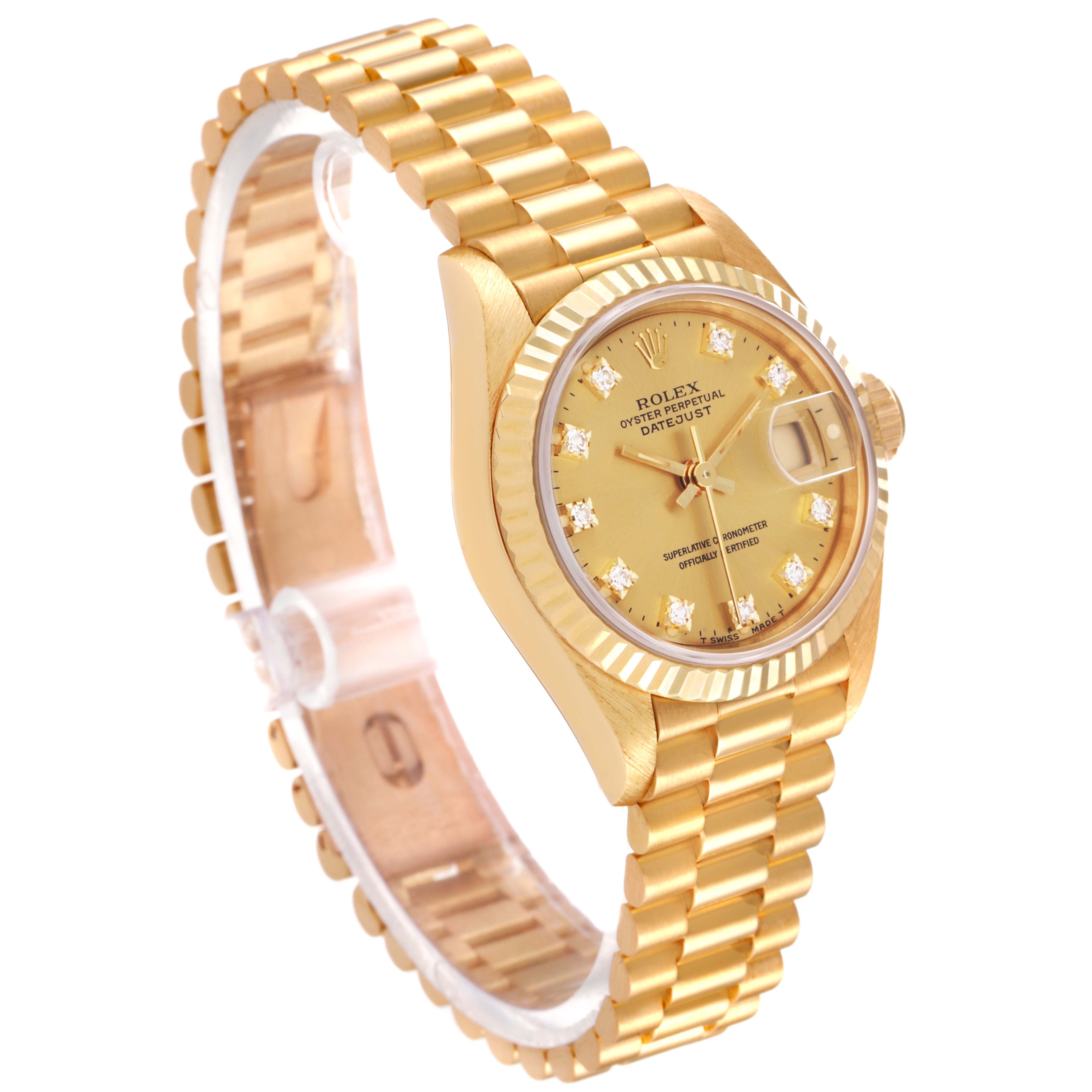 The image shows a Rolex President 69178 Women
s Yellow Gold Champagne Dial 69178 Women
s Yellow Gold Champagne Dial model watch at a three-quarter angle, highlighting its gold band and dial with diamond hour markers.