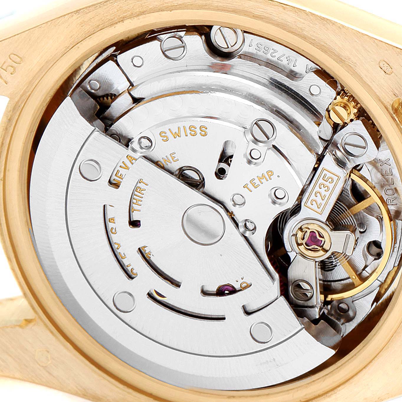 This image shows a close-up of the movement mechanism inside a Rolex President 179178 Women
s Yellow Gold Champagne Dial 179178 Women
s Yellow Gold Champagne Dial model watch.