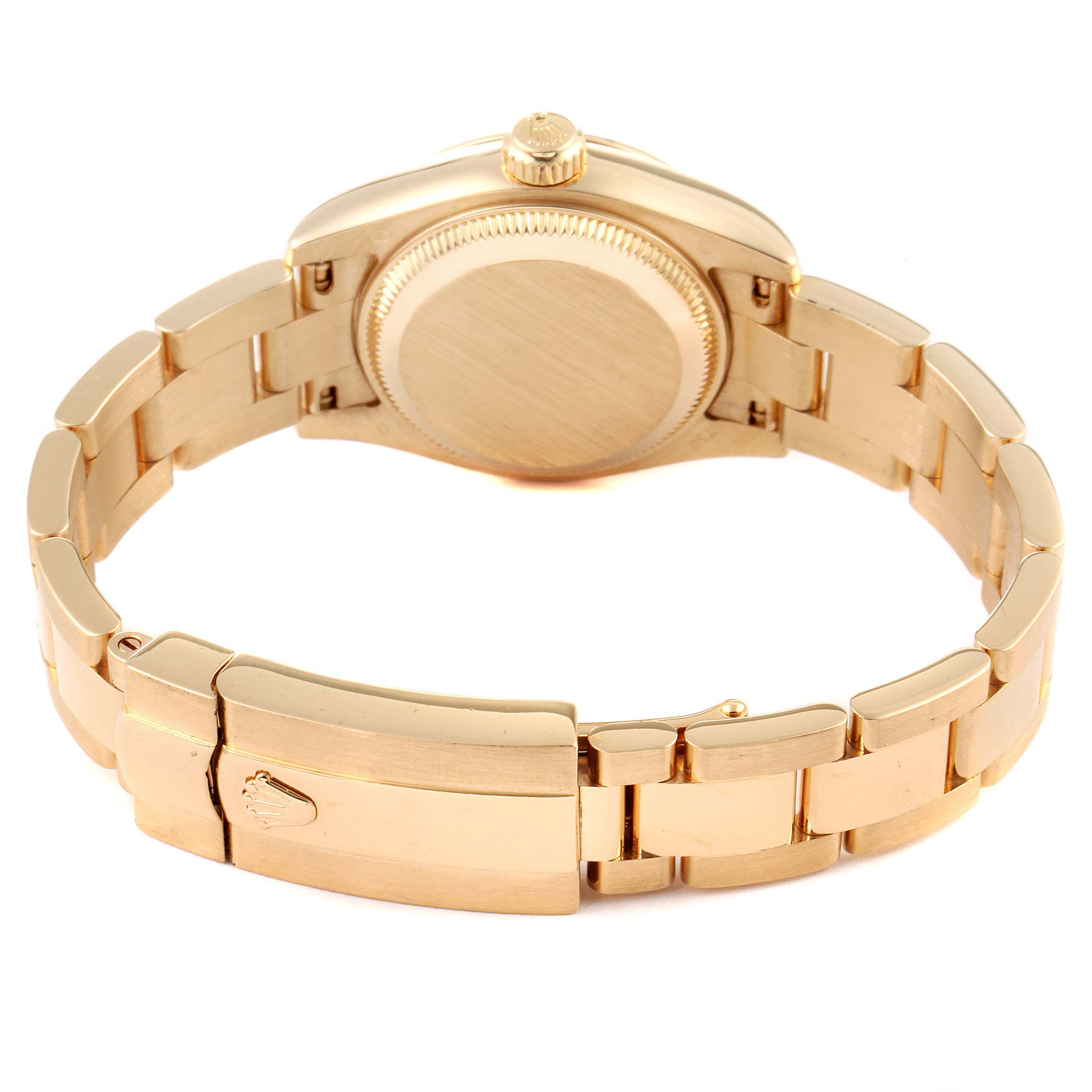The image shows the backside of a Rolex President 179178 Women
s Yellow Gold Champagne Dial 179178 Women
s Yellow Gold Champagne Dial model watch, highlighting the case, crown, and bracelet with a clasp.
