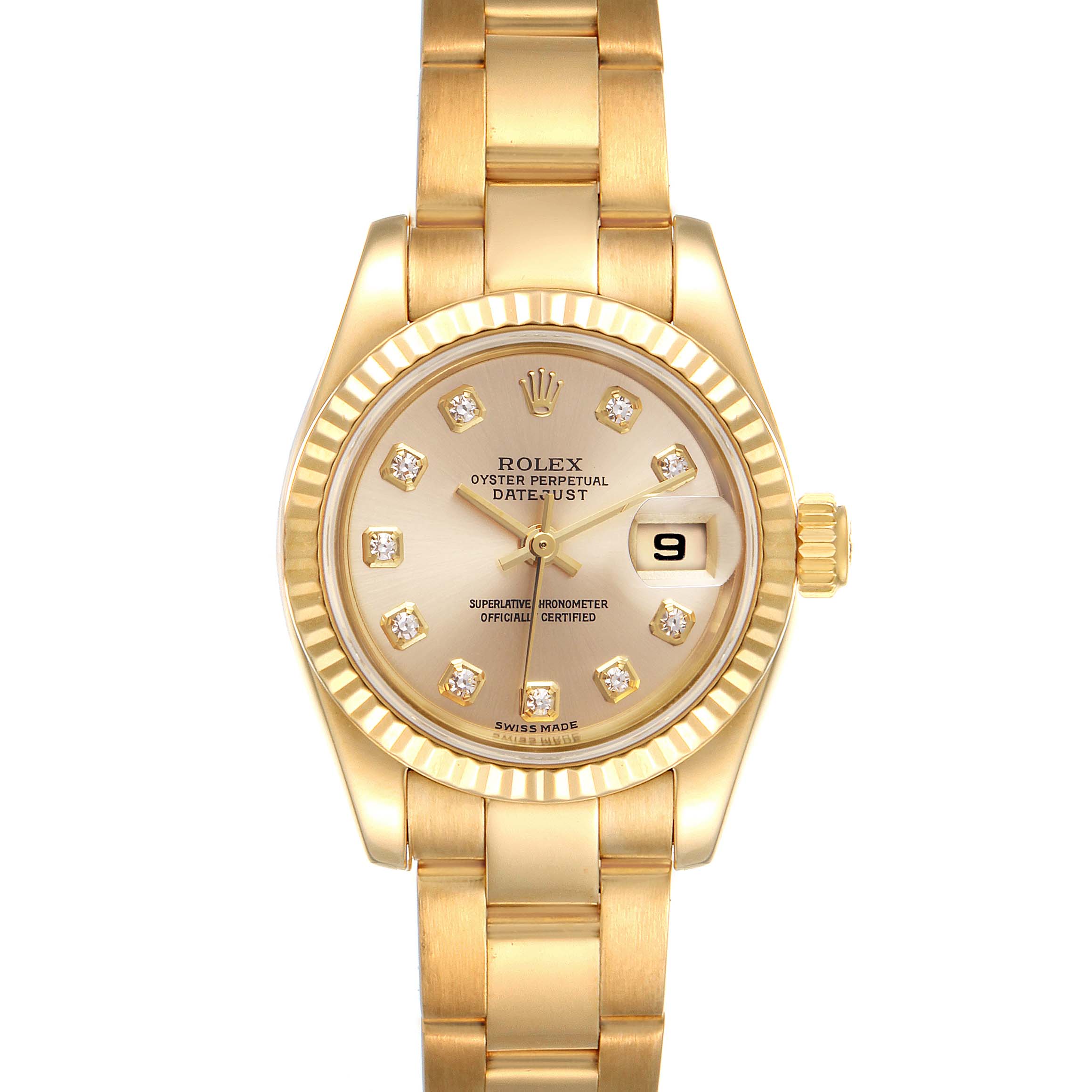 This image shows a front view of the gold Rolex President 179178 Women
s Yellow Gold Champagne Dial 179178 Women
s Yellow Gold Champagne Dial Oyster Perpetual Datejust watch, highlighting the dial, bezel, and bracelet.