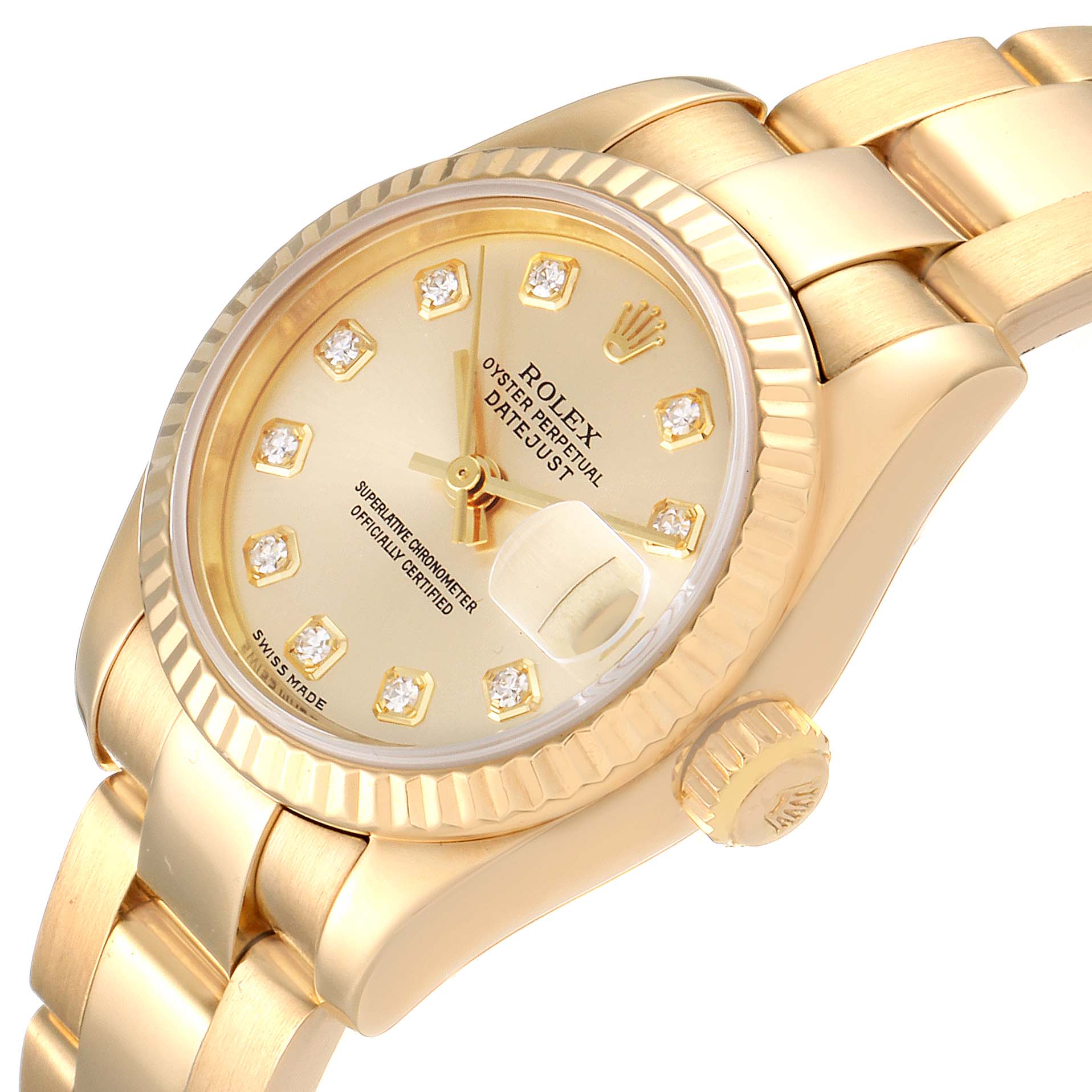 The image shows a close-up angle of a Rolex President 179178 Women
s Yellow Gold Champagne Dial 179178 Women
s Yellow Gold Champagne Dial model watch, displaying the dial, bezel, crown, and part of the bracelet.