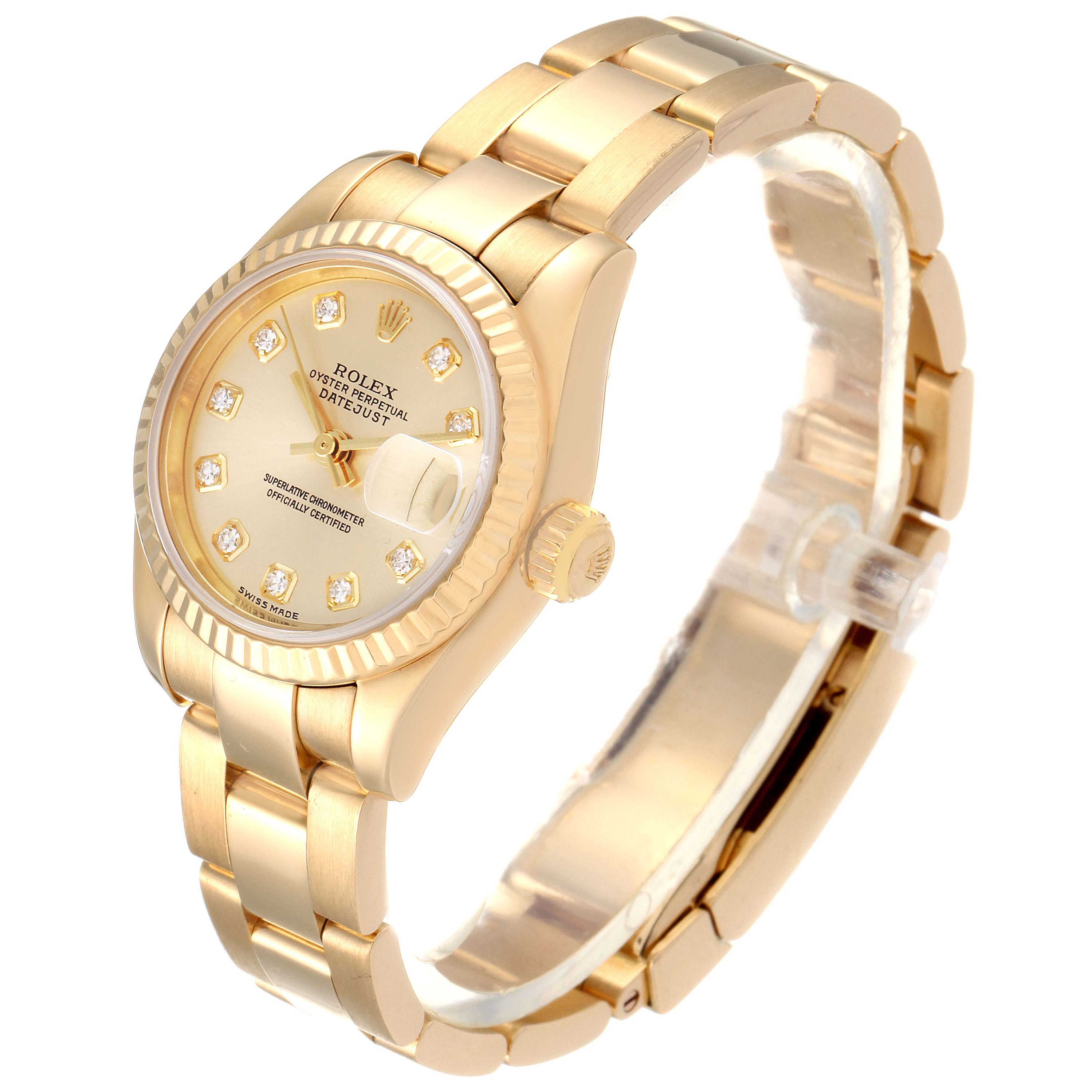 The image shows a Rolex President 179178 Women
s Yellow Gold Champagne Dial 179178 Women
s Yellow Gold Champagne Dial model watch at an angle, highlighting the face, band, bezel, and crown.