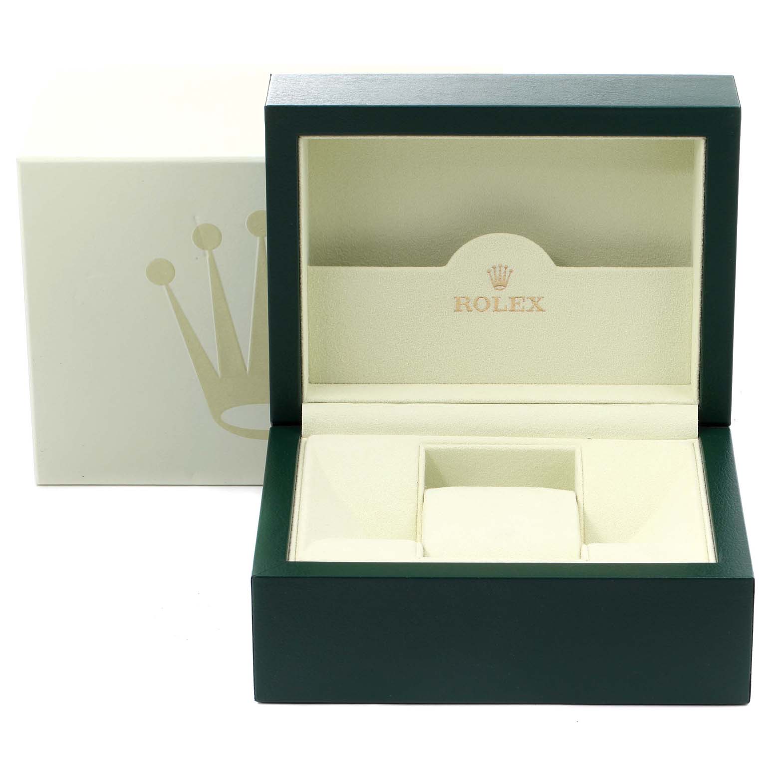 The image shows an open Rolex watch box for the President model, with the inner compartment and brand logo visible.