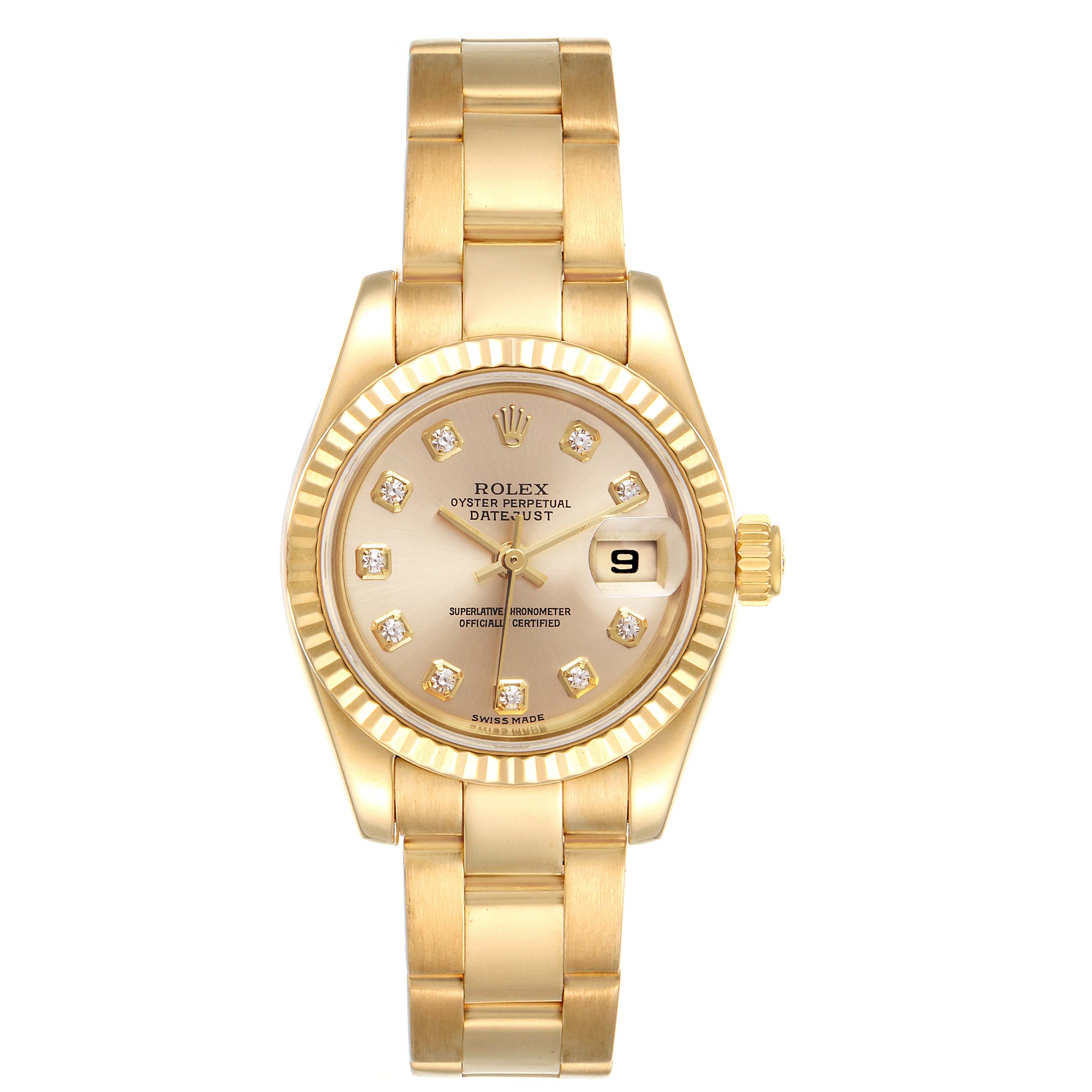 This image shows a front view of a Rolex President 179178 Women
s Yellow Gold Champagne Dial 179178 Women
s Yellow Gold Champagne Dial model watch, featuring a gold case, fluted bezel, and a date display.