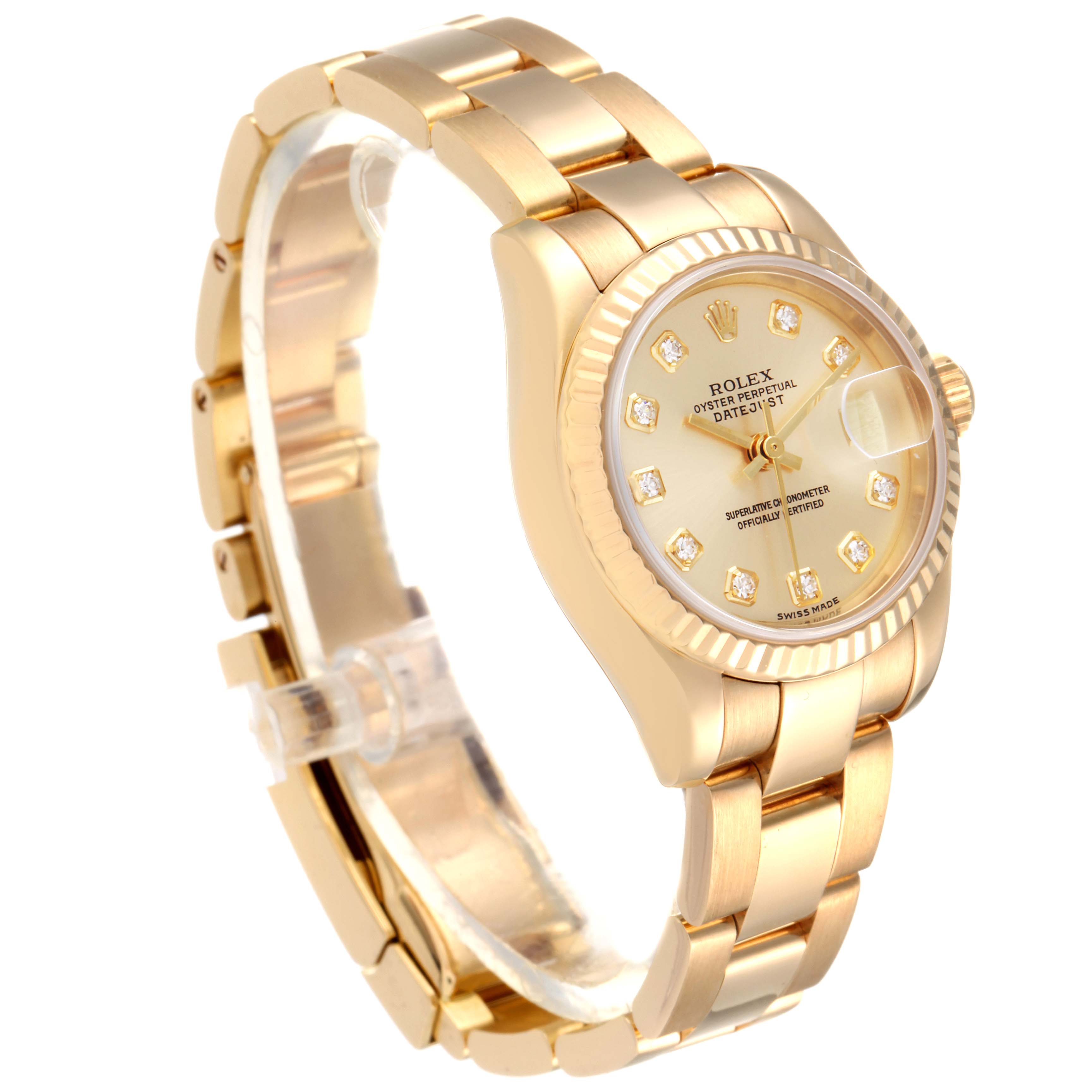 This image shows a Rolex President 179178 Women
s Yellow Gold Champagne Dial 179178 Women
s Yellow Gold Champagne Dial model watch, showcasing the dial, bezel, and part of the bracelet from an angled perspective.
