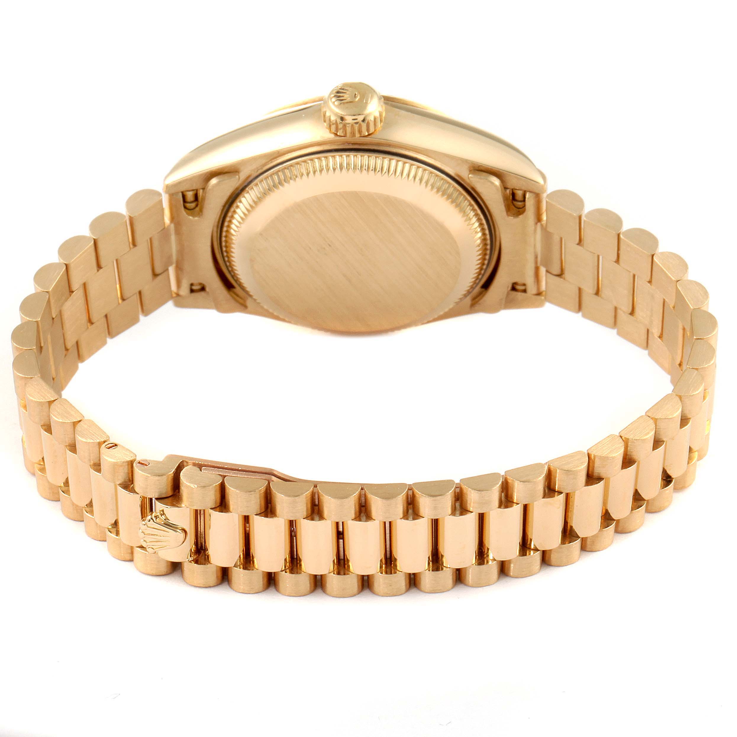 The image shows the back view of the Rolex President 69178 Women's Yellow Gold Champagne Dial 69178 Women's Yellow Gold Champagne Dial watch case and metal bracelet.