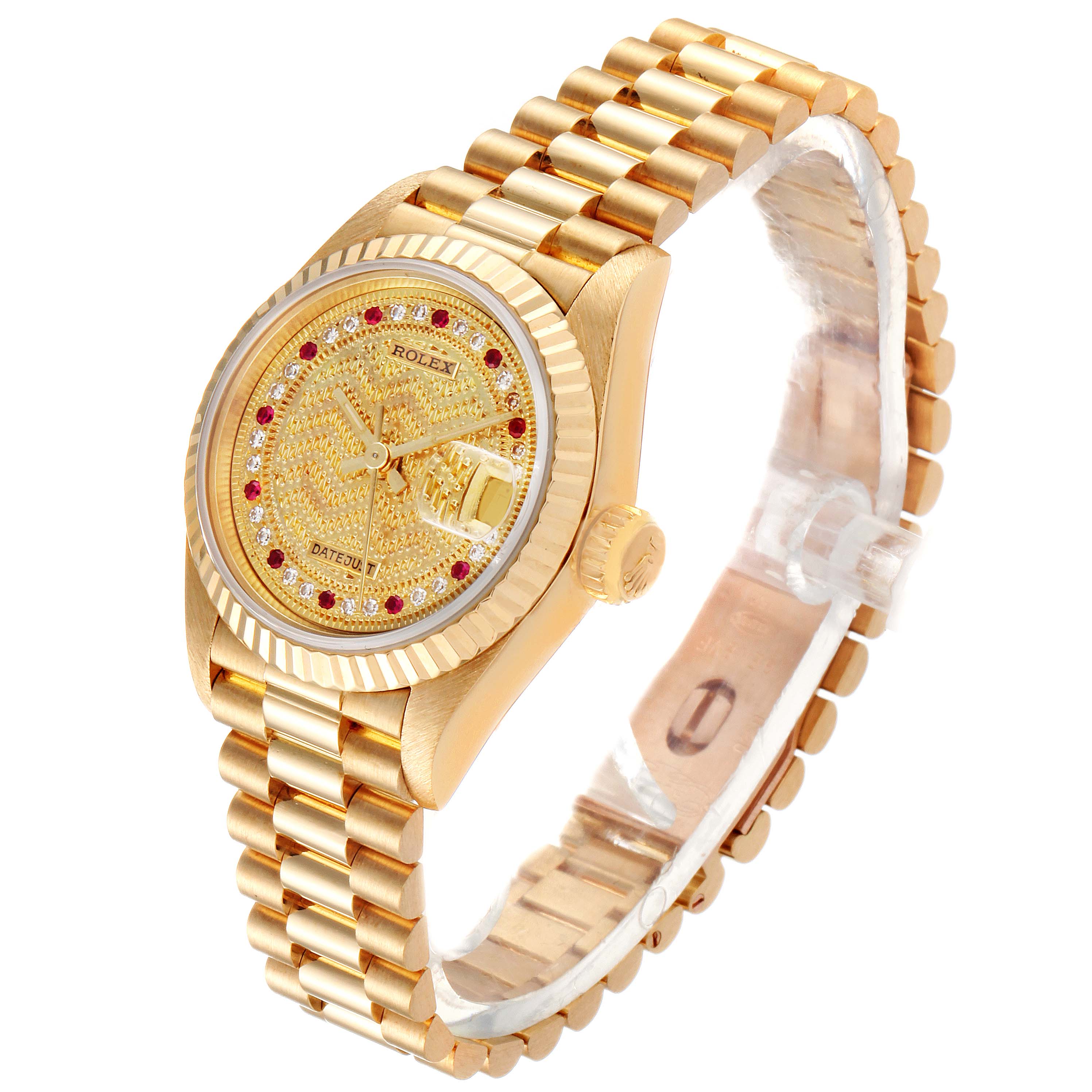 The image shows a Rolex President 69178 Women's Yellow Gold Champagne Dial 69178 Women's Yellow Gold Champagne Dial model watch at an angle revealing the watch face, bezel, crown, and part of the bracelet.