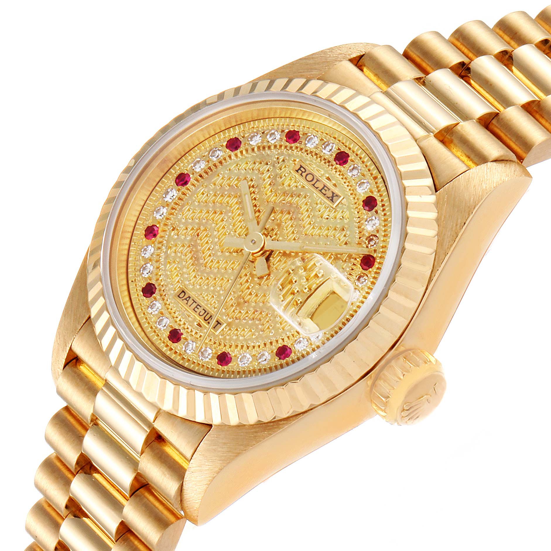 The Rolex President 69178 Women's Yellow Gold Champagne Dial 69178 Women's Yellow Gold Champagne Dial model watch is displayed at an angle showing the dial, bezel, crown, and part of the bracelet.