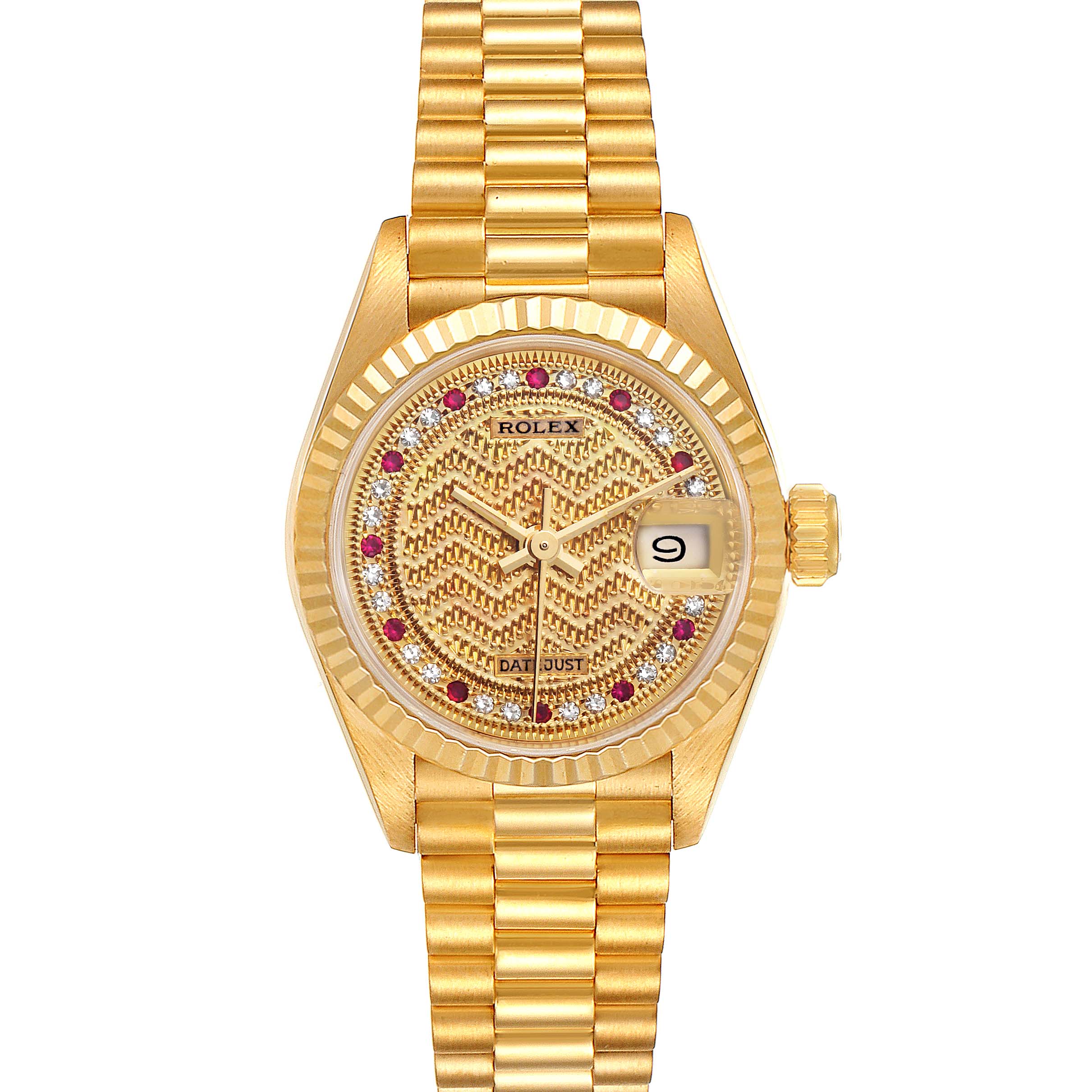 The Rolex President 69178 Women's Yellow Gold Champagne Dial 69178 Women's Yellow Gold Champagne Dial model watch is shown from a top-down angle, highlighting its dial, bezel, crown, and bracelet.