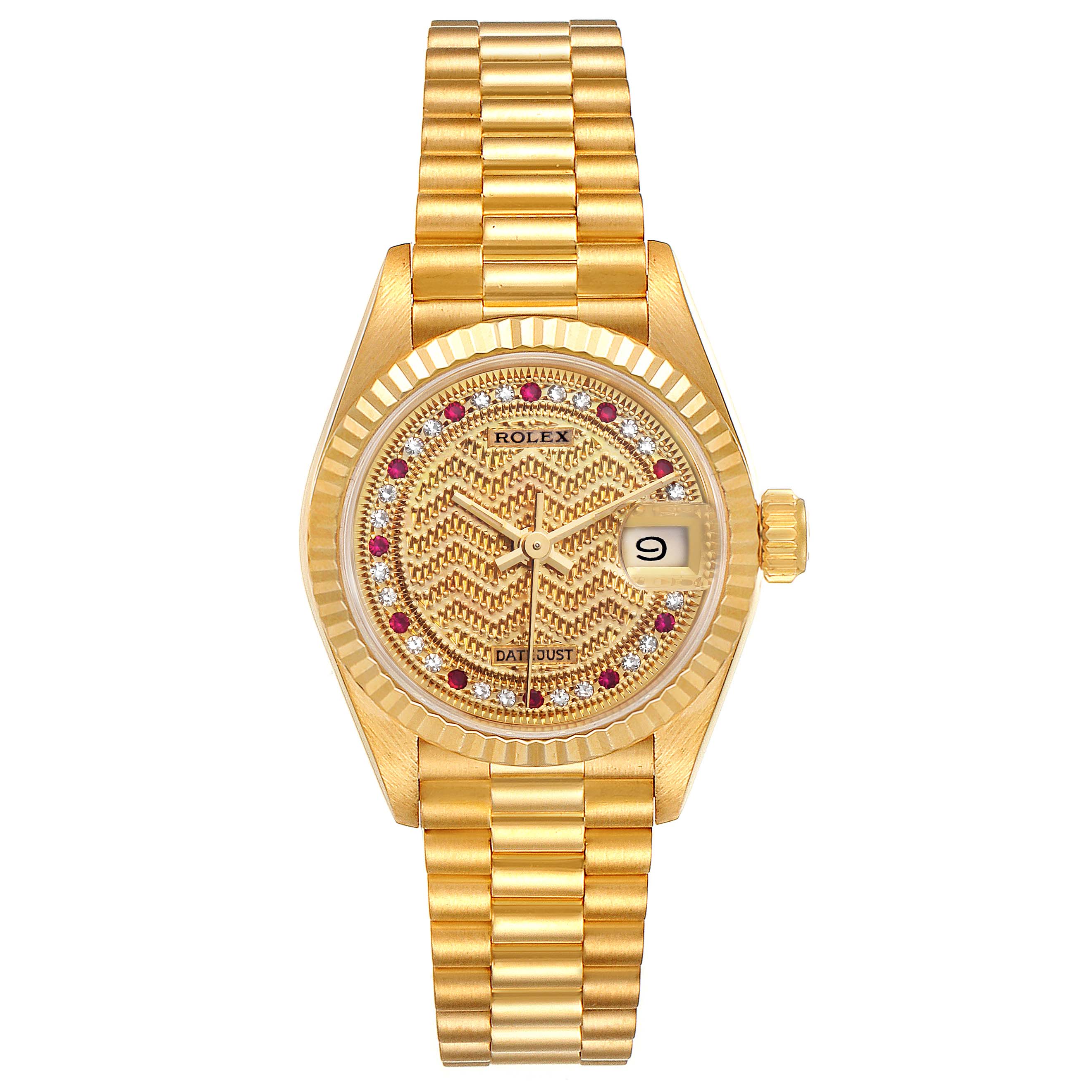 This image shows a front view of the Rolex President 69178 Women's Yellow Gold Champagne Dial 69178 Women's Yellow Gold Champagne Dial model watch, highlighting its gold bracelet, bezel, and dial with date display.