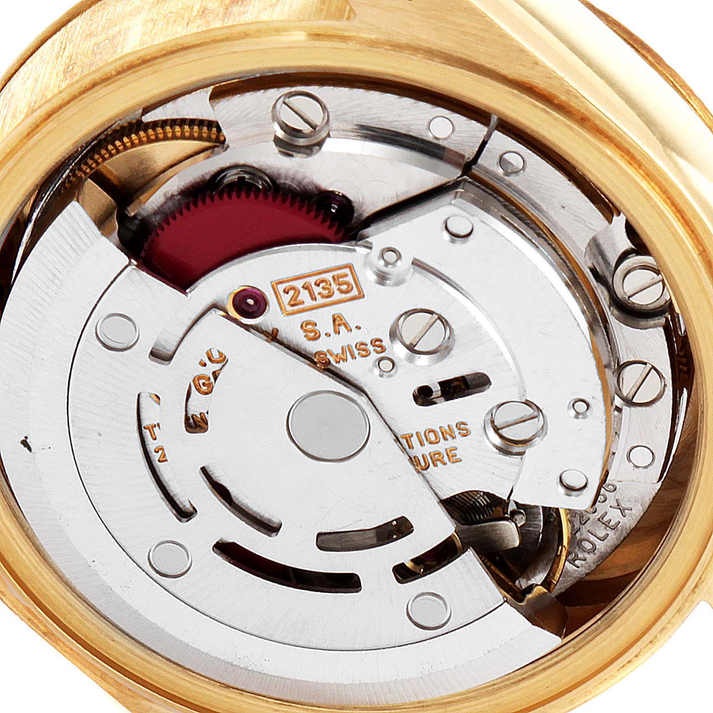 The image shows a close-up view of the movement mechanism inside a Rolex President 69178 Women's Yellow Gold Champagne Dial 69178 Women's Yellow Gold Champagne Dial model watch.