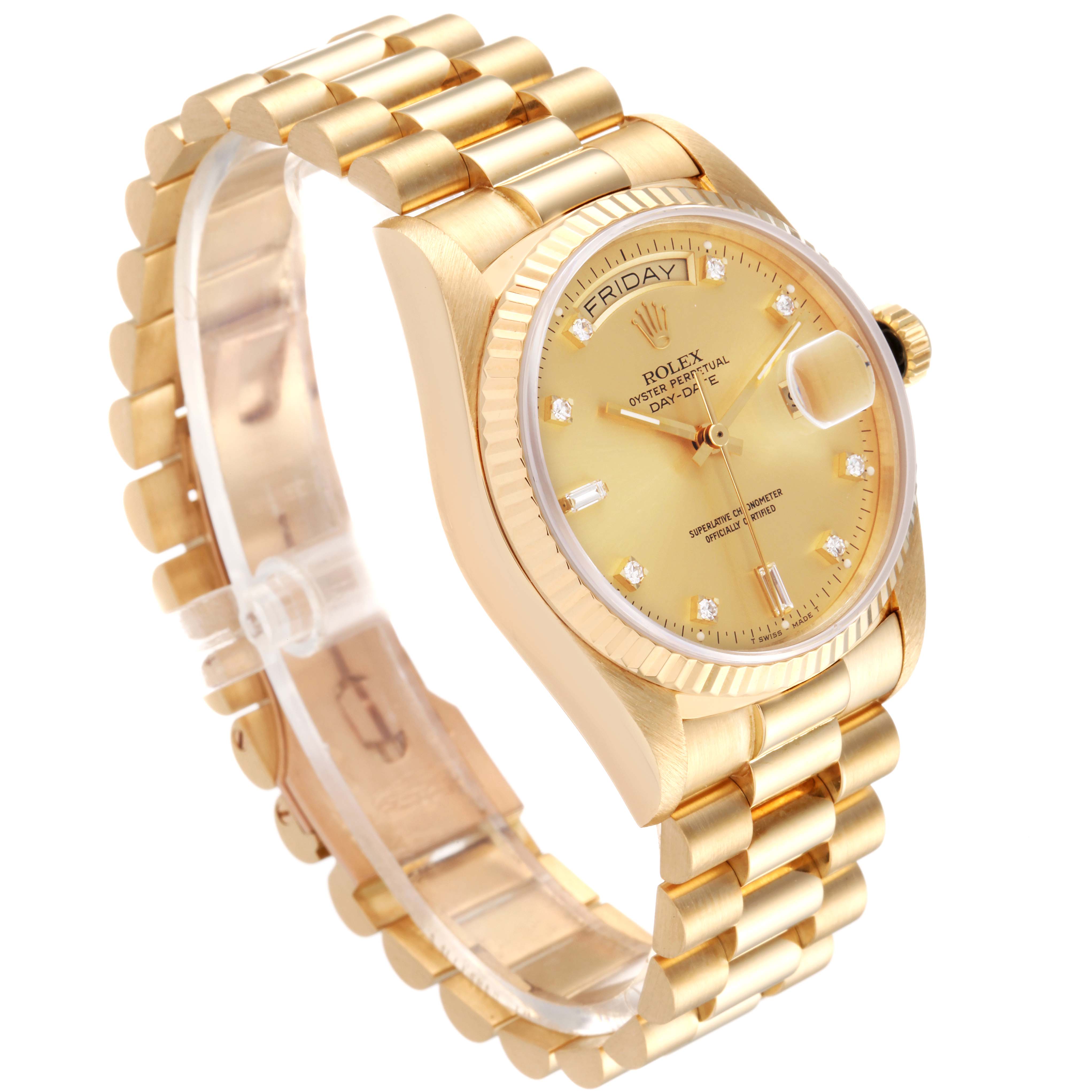 The image shows a President model Rolex watch at a slight angle, displaying the band, face, and crown.