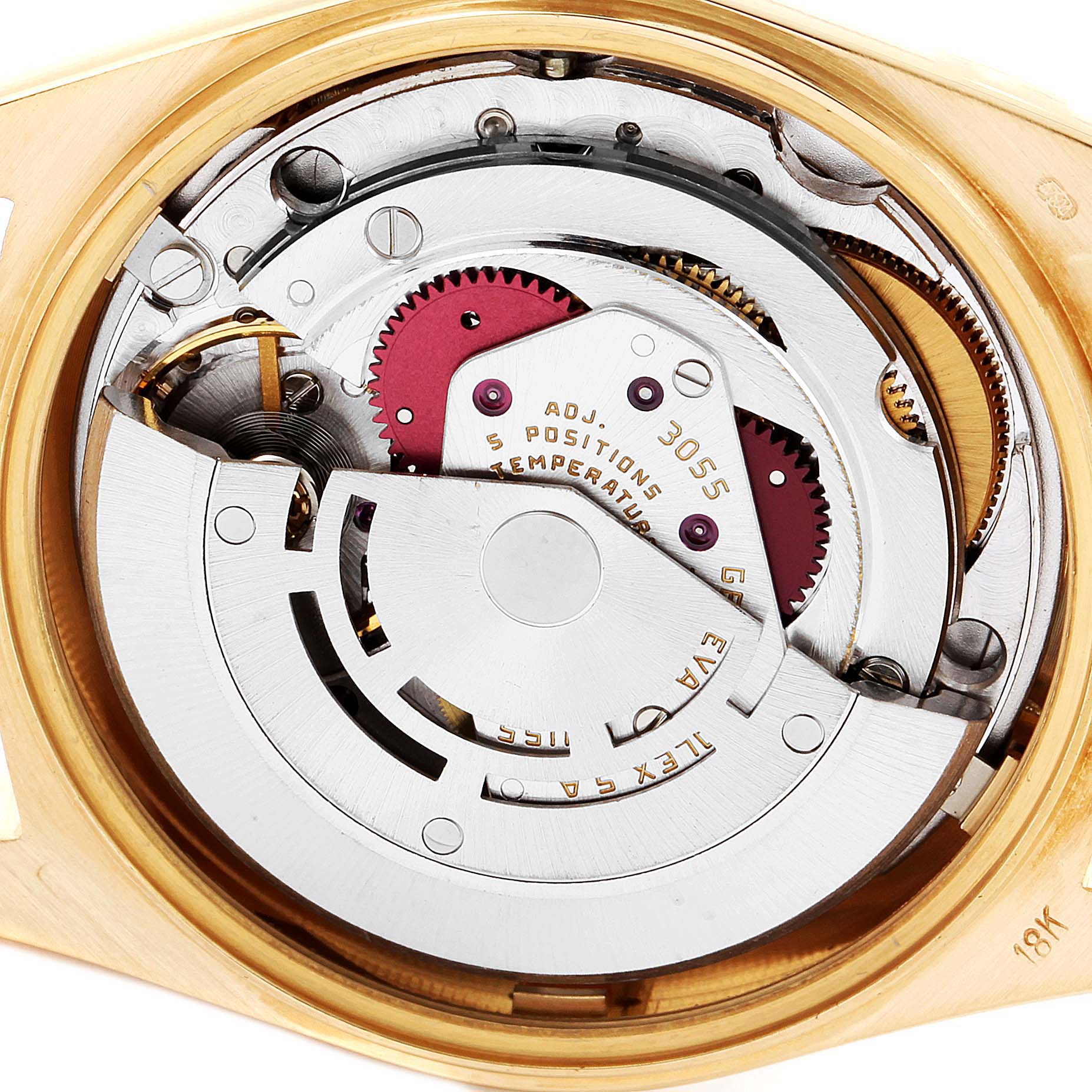 This image shows the internal mechanism of a Rolex President 18038 Men
s Yellow Gold Champagne Dial 18038 Men
s Yellow Gold Champagne Dial model watch, viewed from the rear with the case back removed.