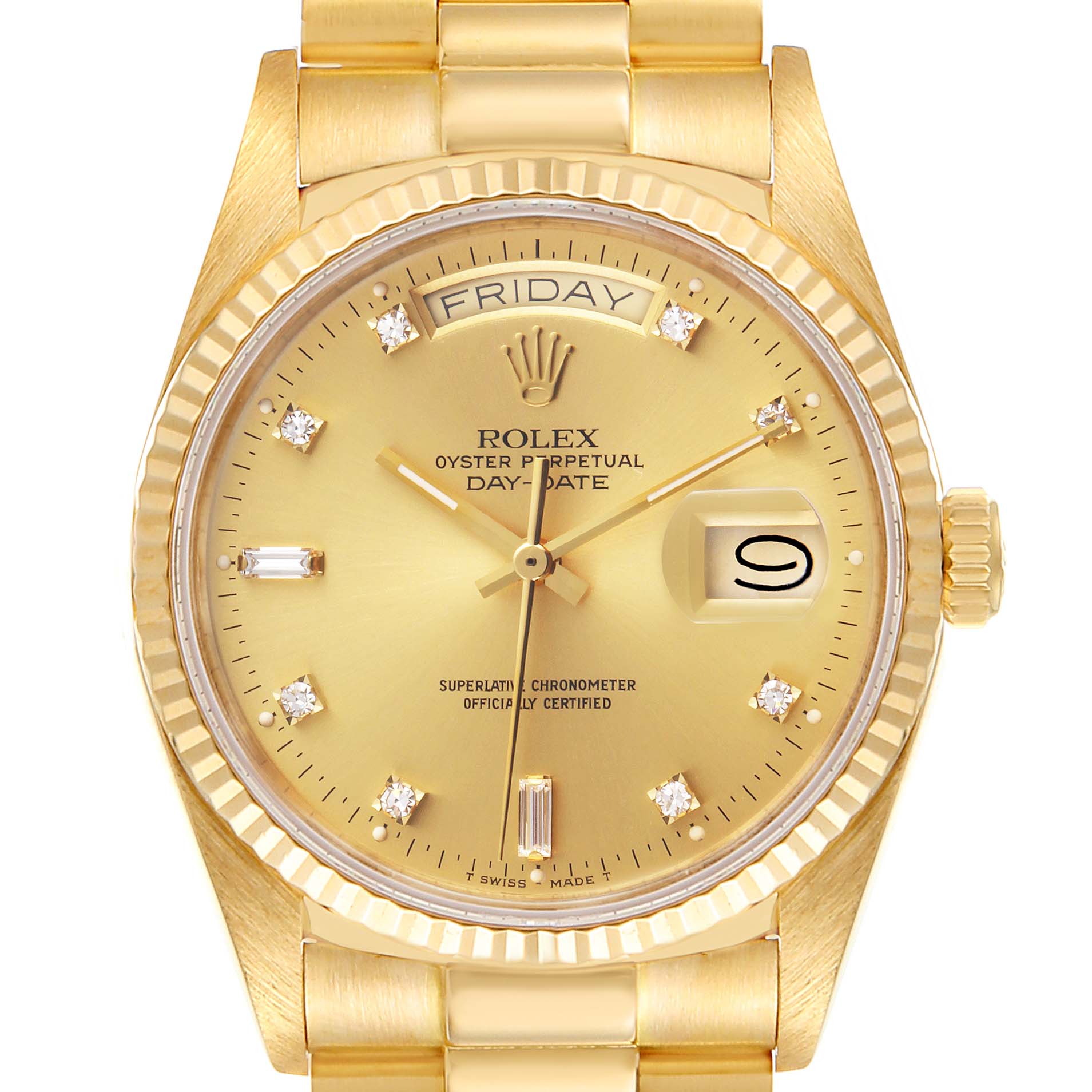 The image shows a frontal view of a gold Rolex President 18038 Men
s Yellow Gold Champagne Dial 18038 Men
s Yellow Gold Champagne Dial model watch, displaying its dial, bezel, and part of the bracelet.