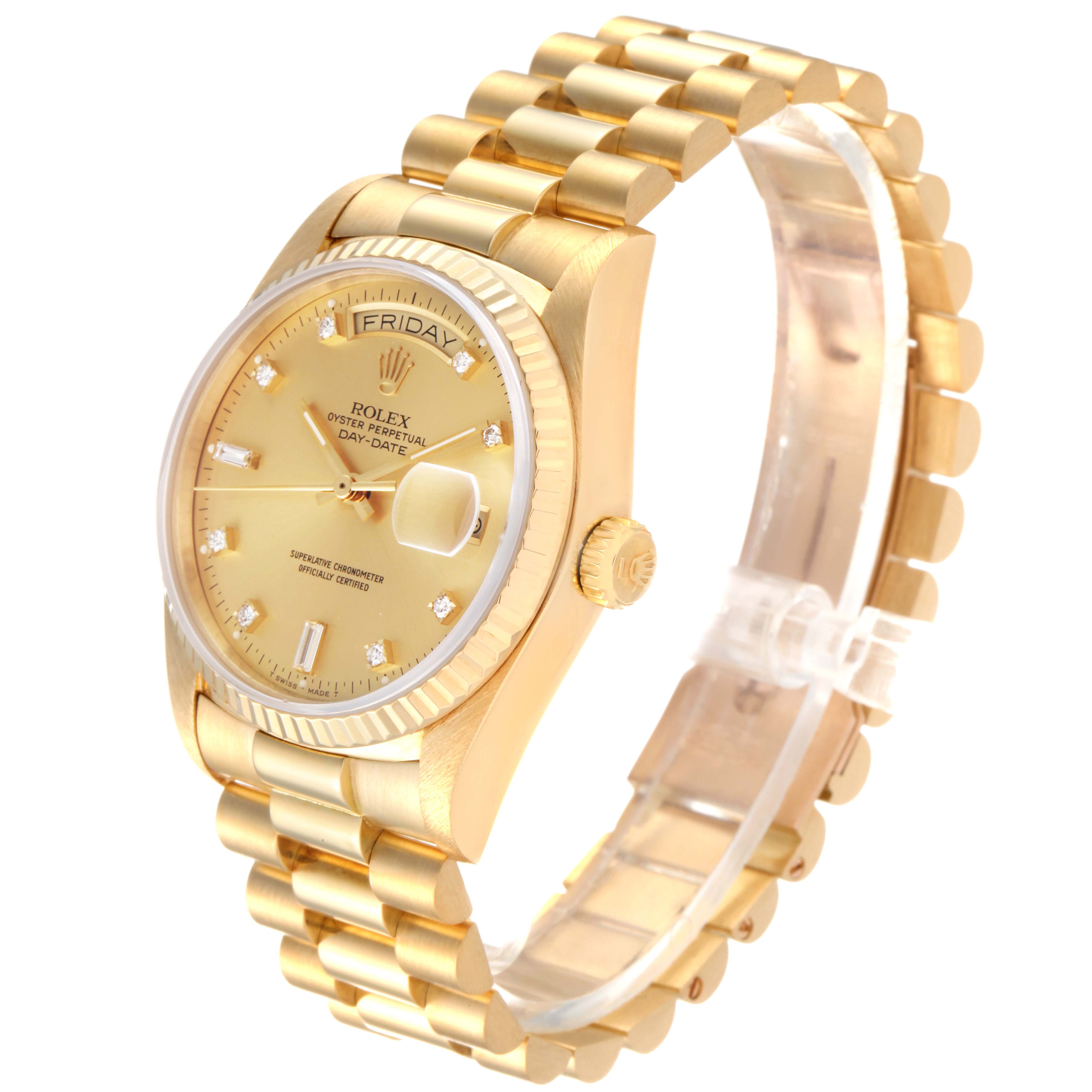 The image shows a Rolex President 18038 Men
s Yellow Gold Champagne Dial 18038 Men
s Yellow Gold Champagne Dial model watch from an angled side view, highlighting its gold bracelet, face, and crown.