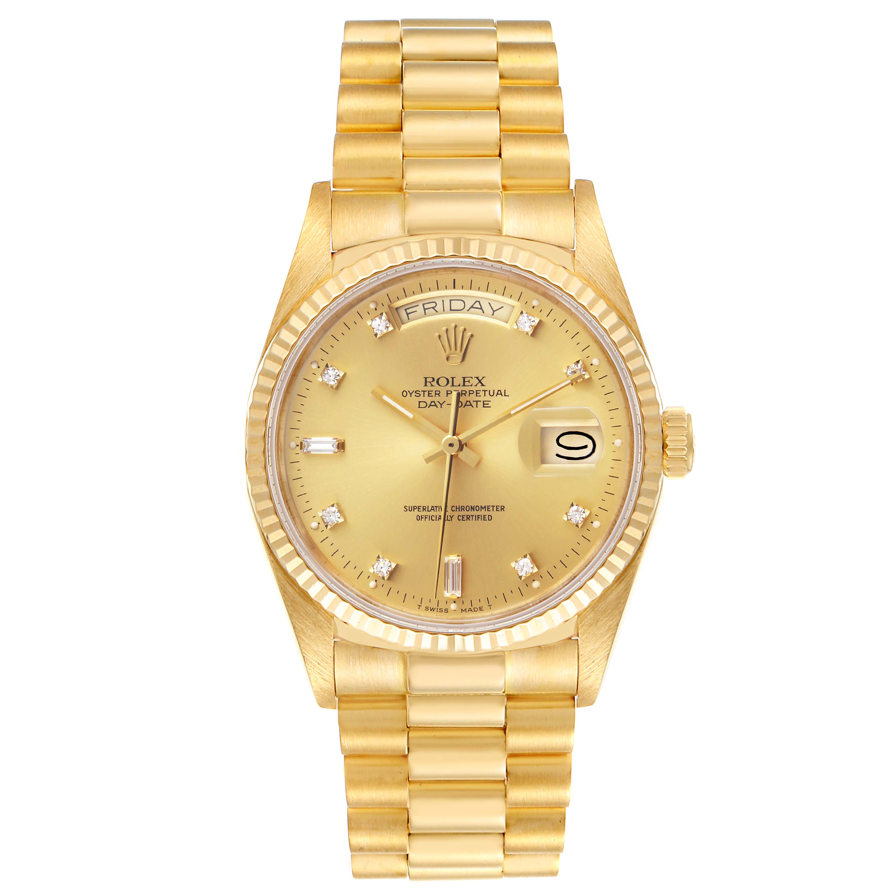 The image shows a front view of a gold Rolex President 18038 Men
s Yellow Gold Champagne Dial 18038 Men
s Yellow Gold Champagne Dial model watch displaying the dial, bezel, and bracelet.